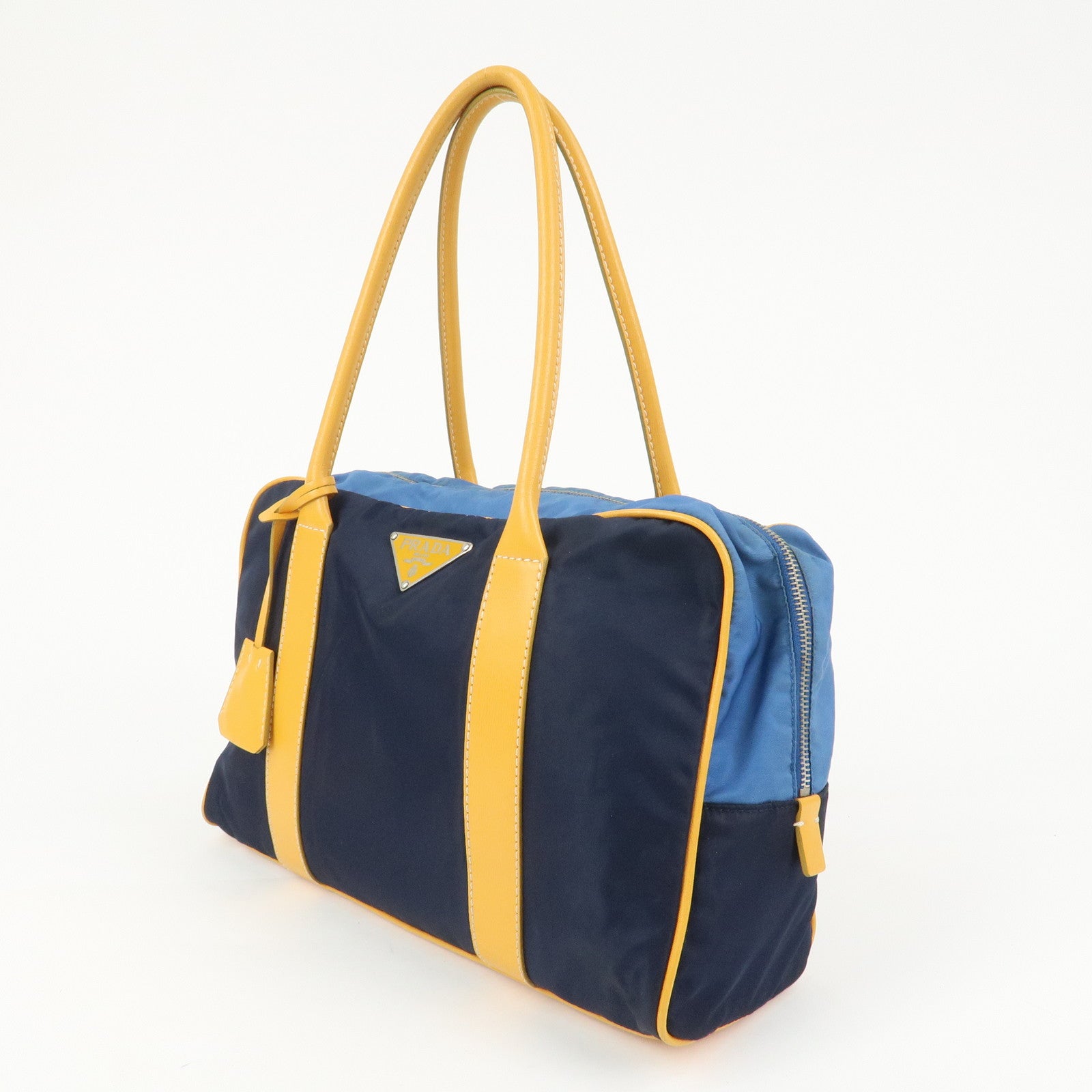 PRADA Triangle Logo Nylon Leather Shoulder Bag Hand Bag Navy Yellow