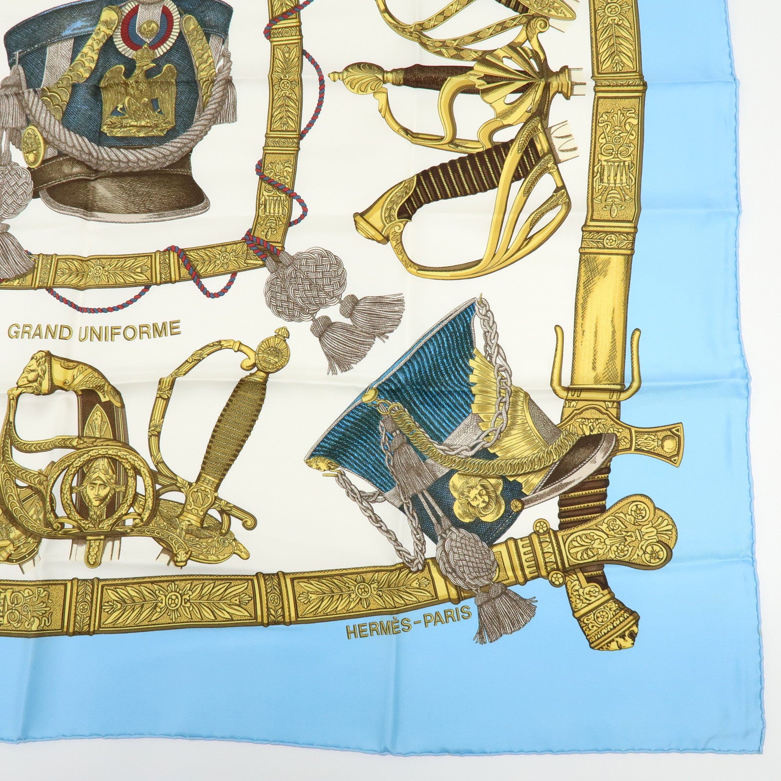 HERMES Carre 90 Silk 100% Scarf GRANDUNIFORM Light Blue Gold