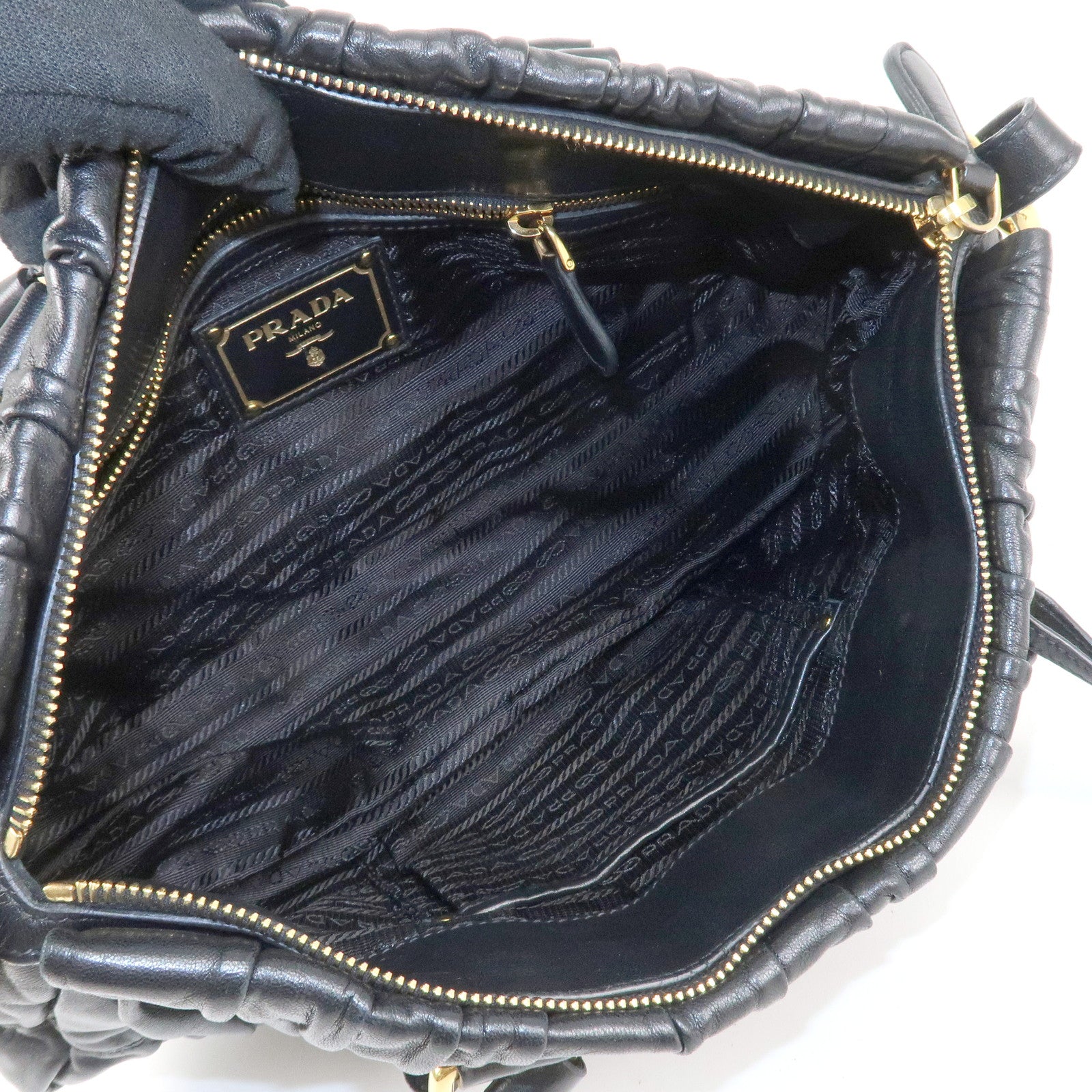 PRADA Logo Leather 2WAY Tote Bag Hand Bag Black Gold HDW B11091 Used