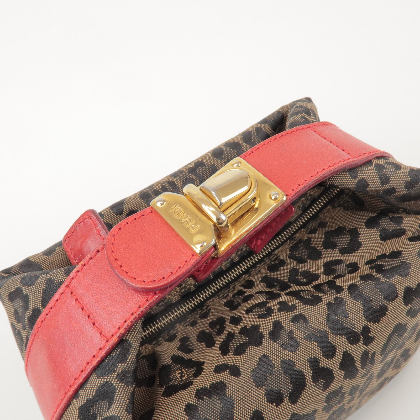 FENDI Canvas Leather Leopard Hand Bag Cosmetic Pouch Brown 26360