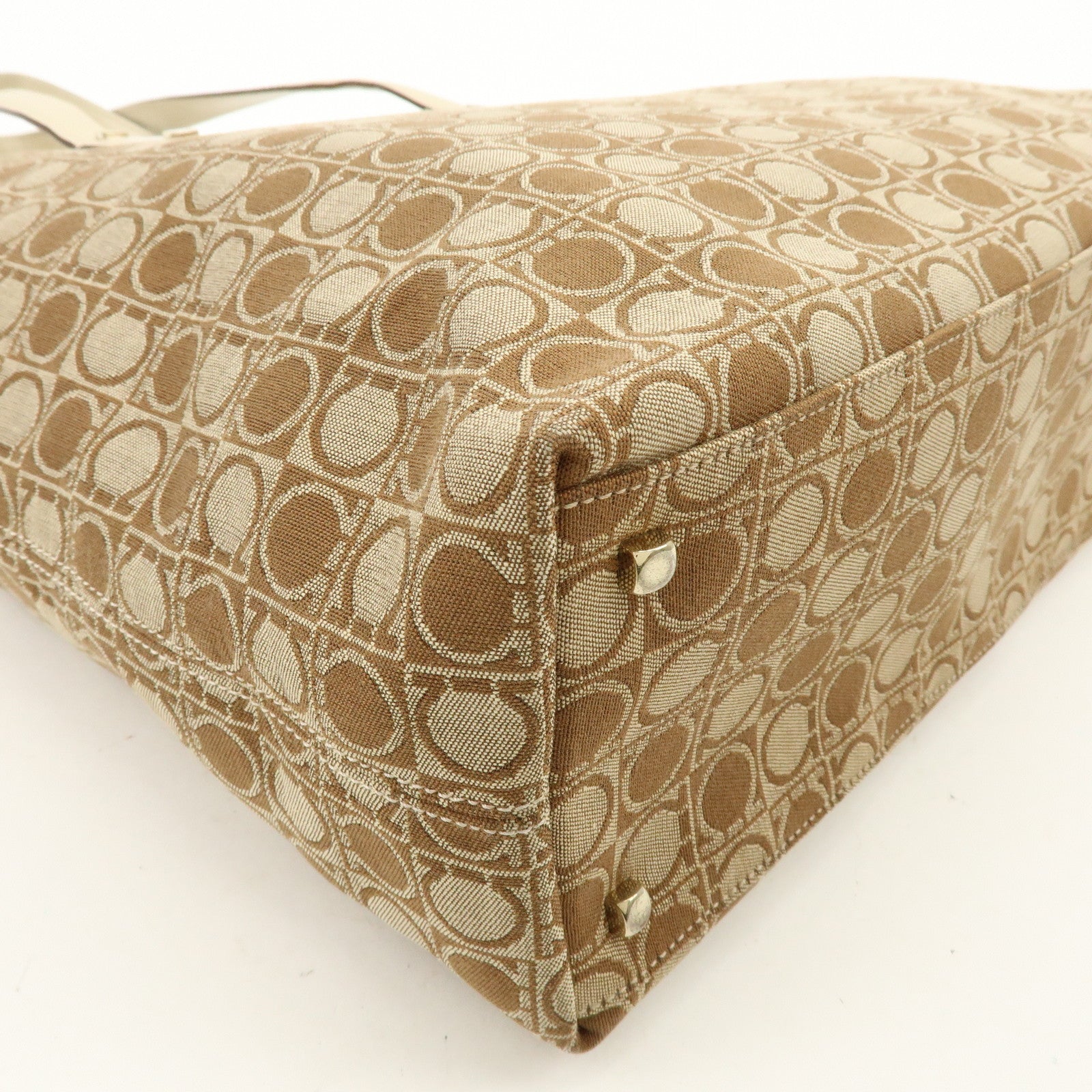 Ferragamo Gancini Canvas Leather Tote Bag Hand Bag Brown Beige