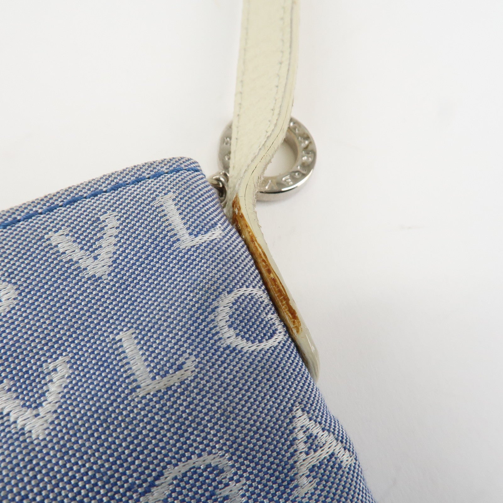 BVLGARI Logo Mania Leather Canvas Shoulder Bag Ivory Light Blue Used