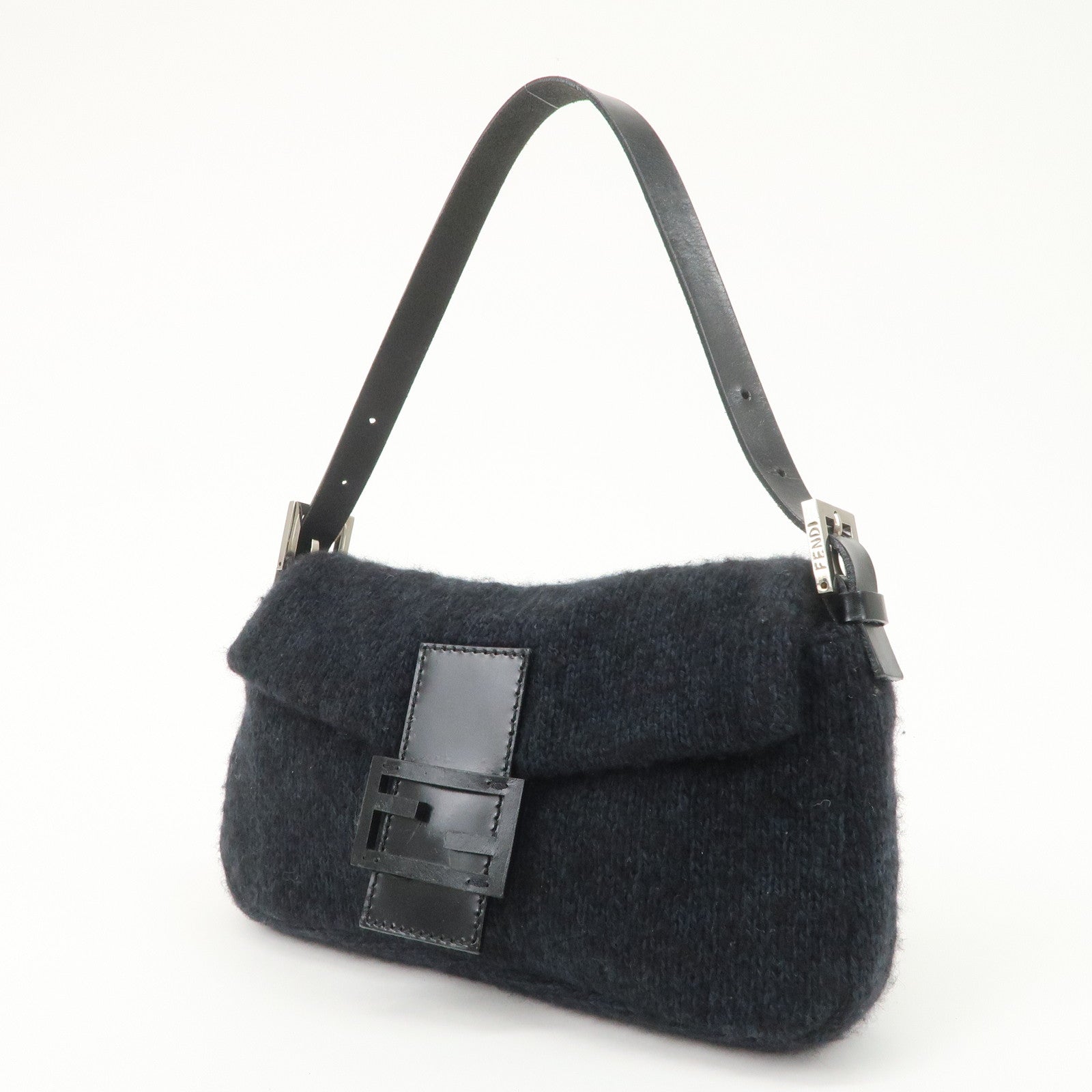 FENDI Mamma Baguette Knit Leather Shoulder Bag Dark Navy 26424