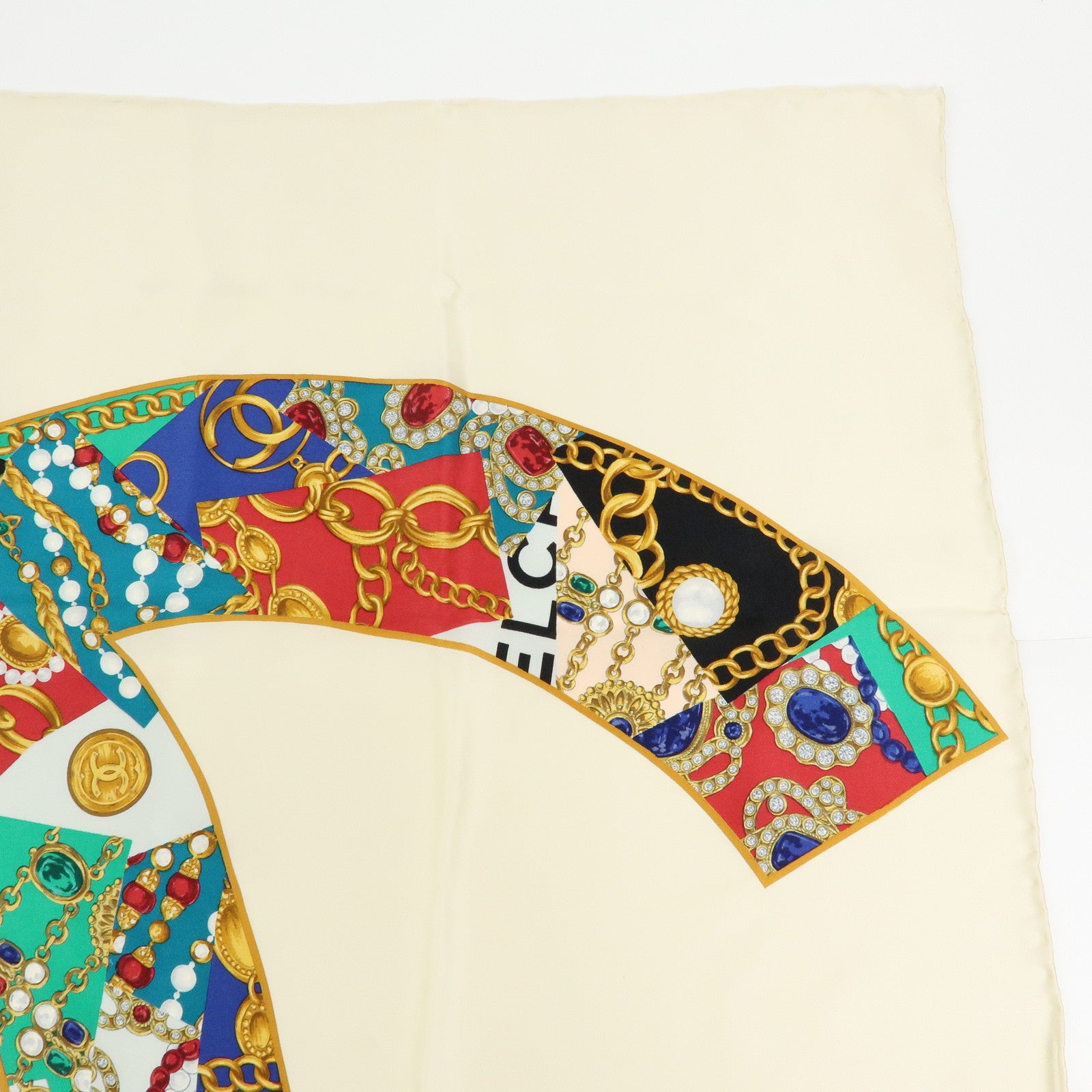 CHANEL COCO Mark Silk 100% Scarf Jewelry Motif Ivory Green