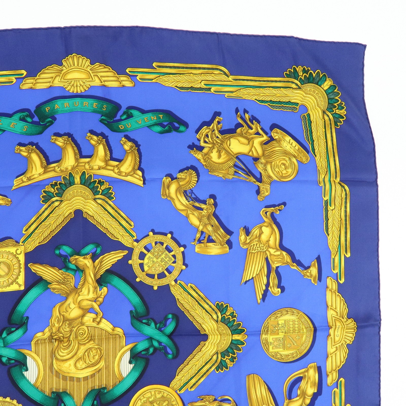HERMES Carre 90 Silk 100% Scarf LES PARURES DU VENT Navy Gold
