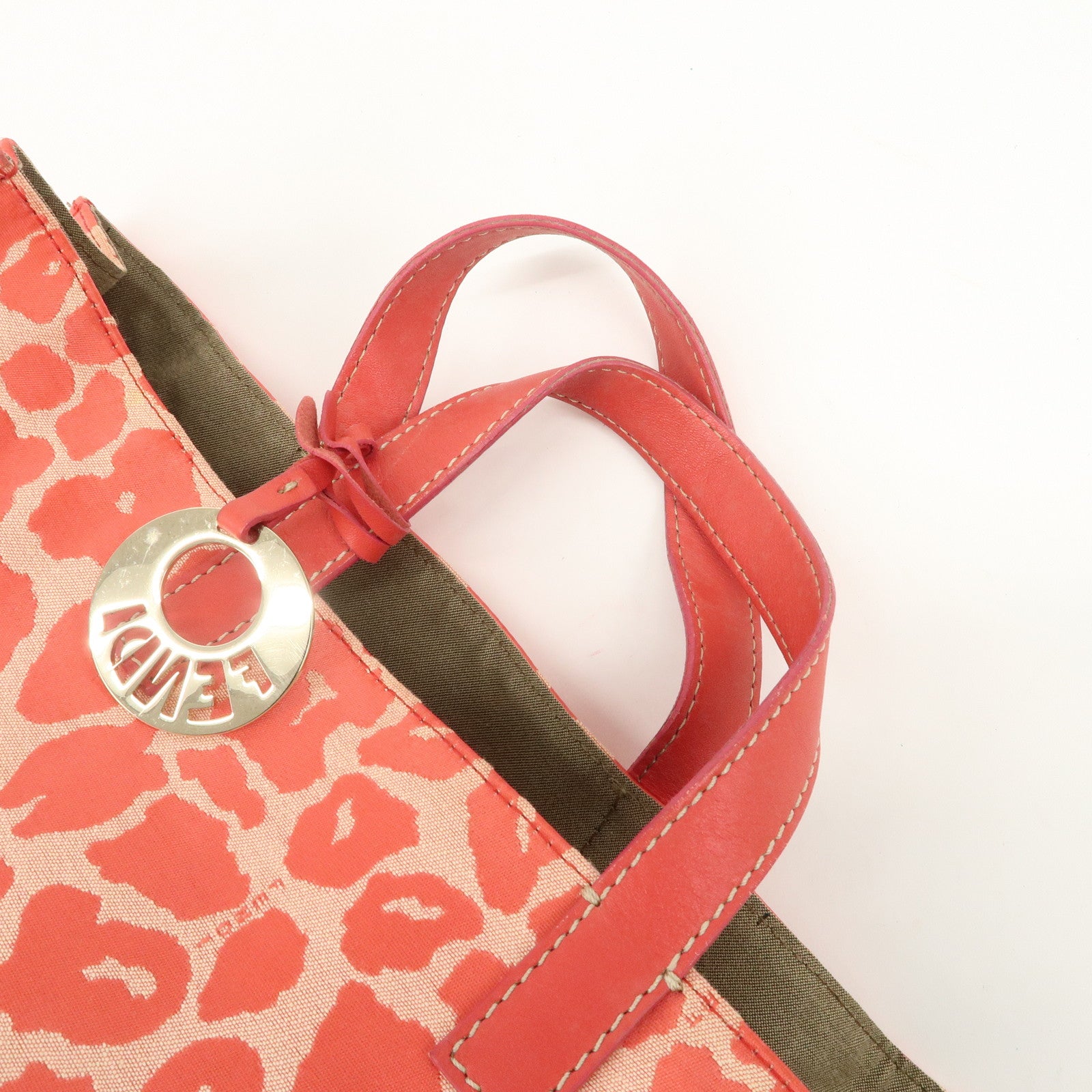 FENDI Canvas Leather Leopard Tote Bag Hand Bag Pink 8BH173