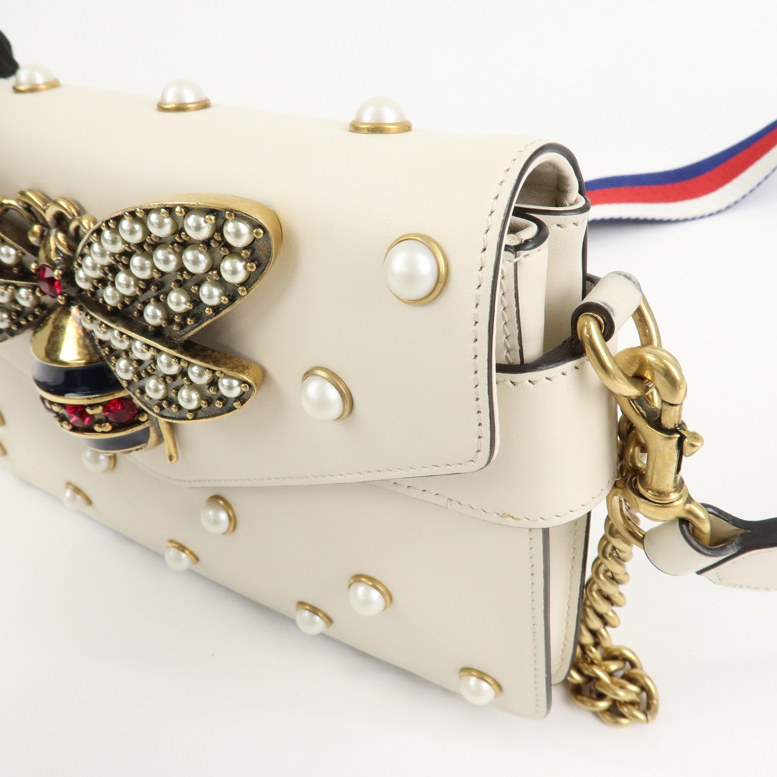 GUCCI Broad Eye Leather Chain Shoulder Bag Ivory 453778