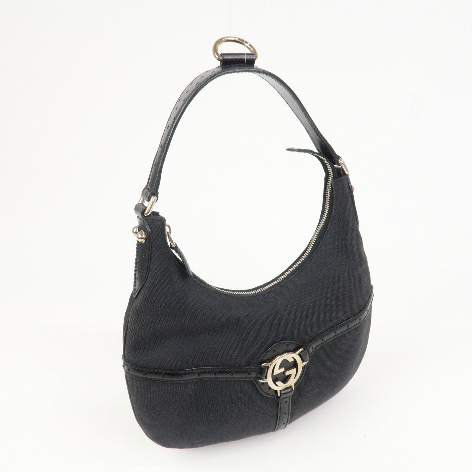 GUCCI Interlocking G Canvas Leather One Shoulder Bag Black 114869