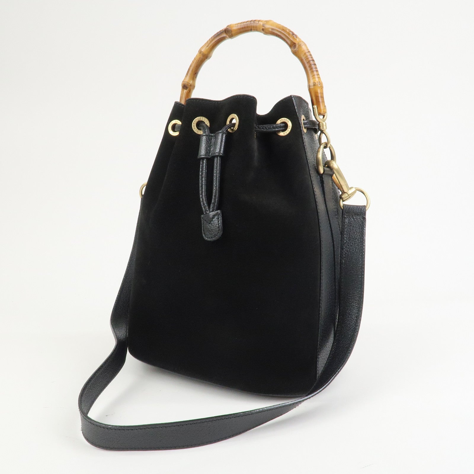 GUCCI Bamboo Logo Suede Leather 2WAY Bag Hand Bag Black 001・2855