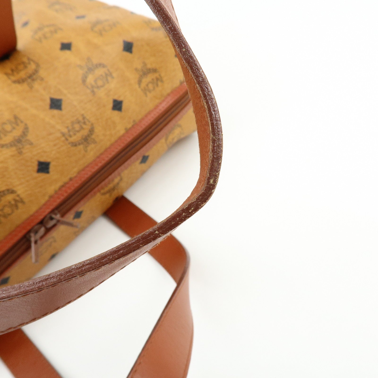 MCM Visetos PVC Leather Tote Bag Boston Bag Hand Bag Cognac Brown