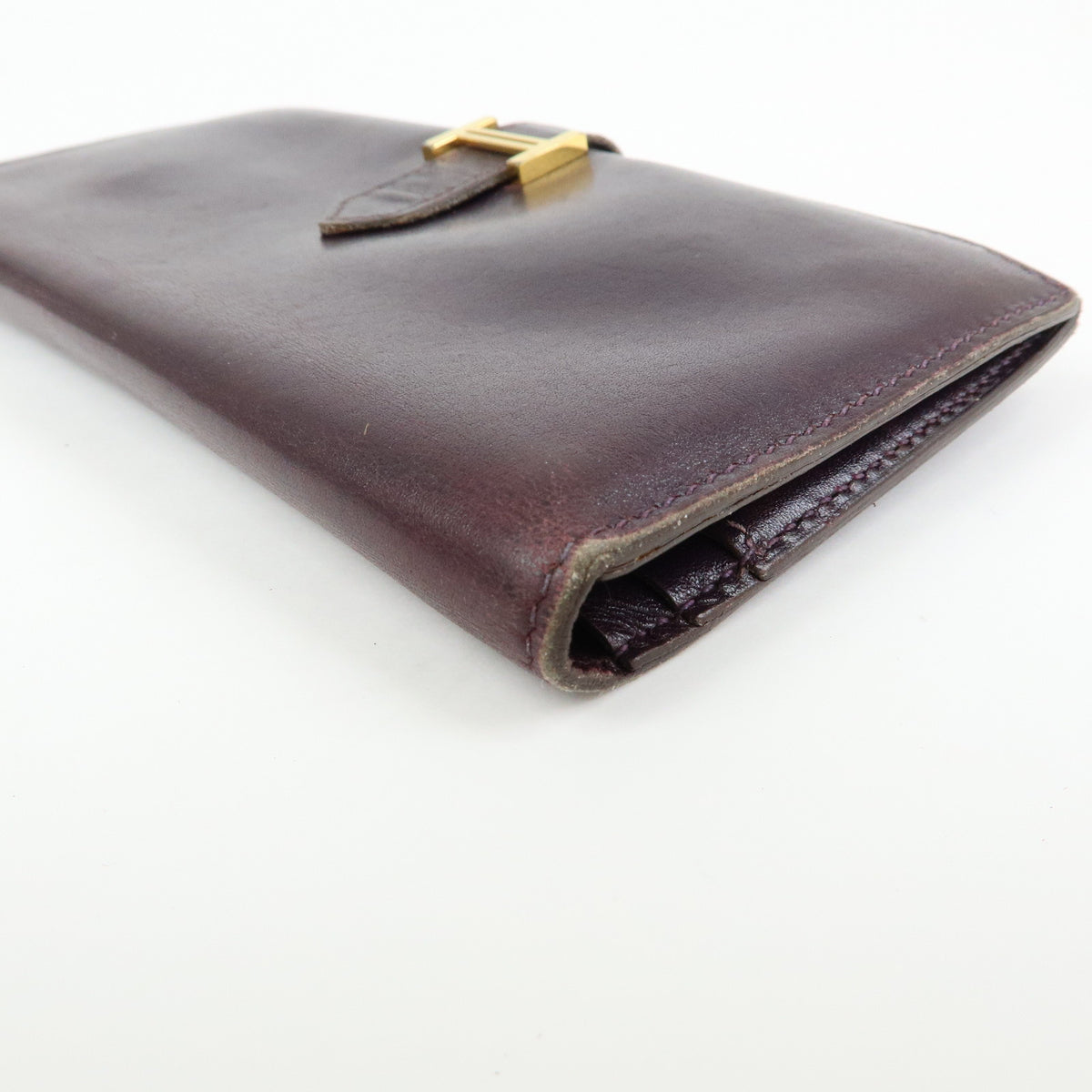 HERMES Bearn Box Calf Leather Bi-fold Long Wallet Purple