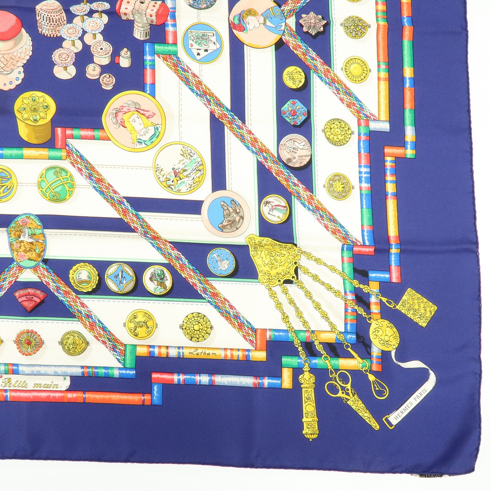 HERMES Carre 90 Silk 100% Scarf Petite Main Navy Multicolor