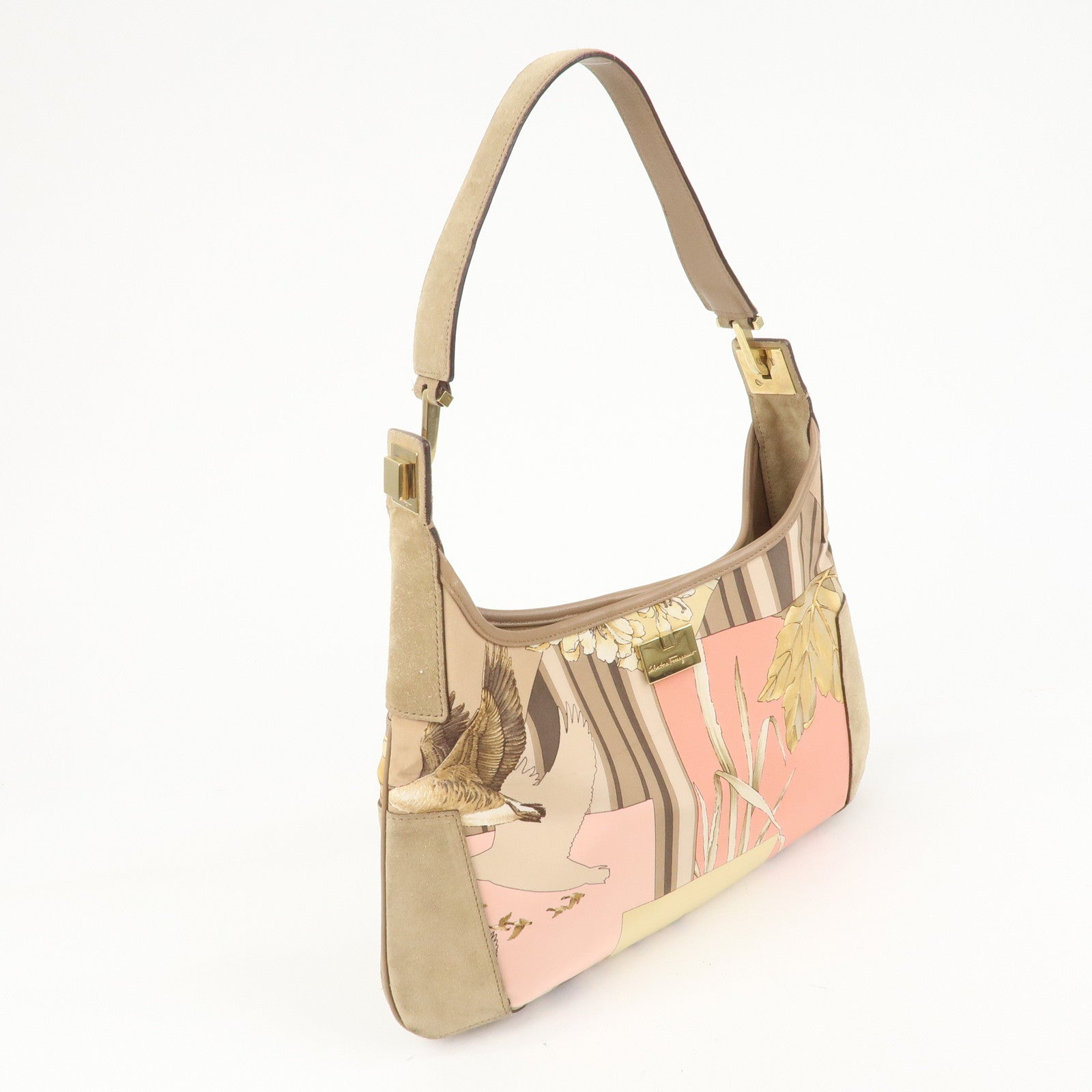Ferragamo Nylon Leather Shoulder Bag Brown Pink Gold