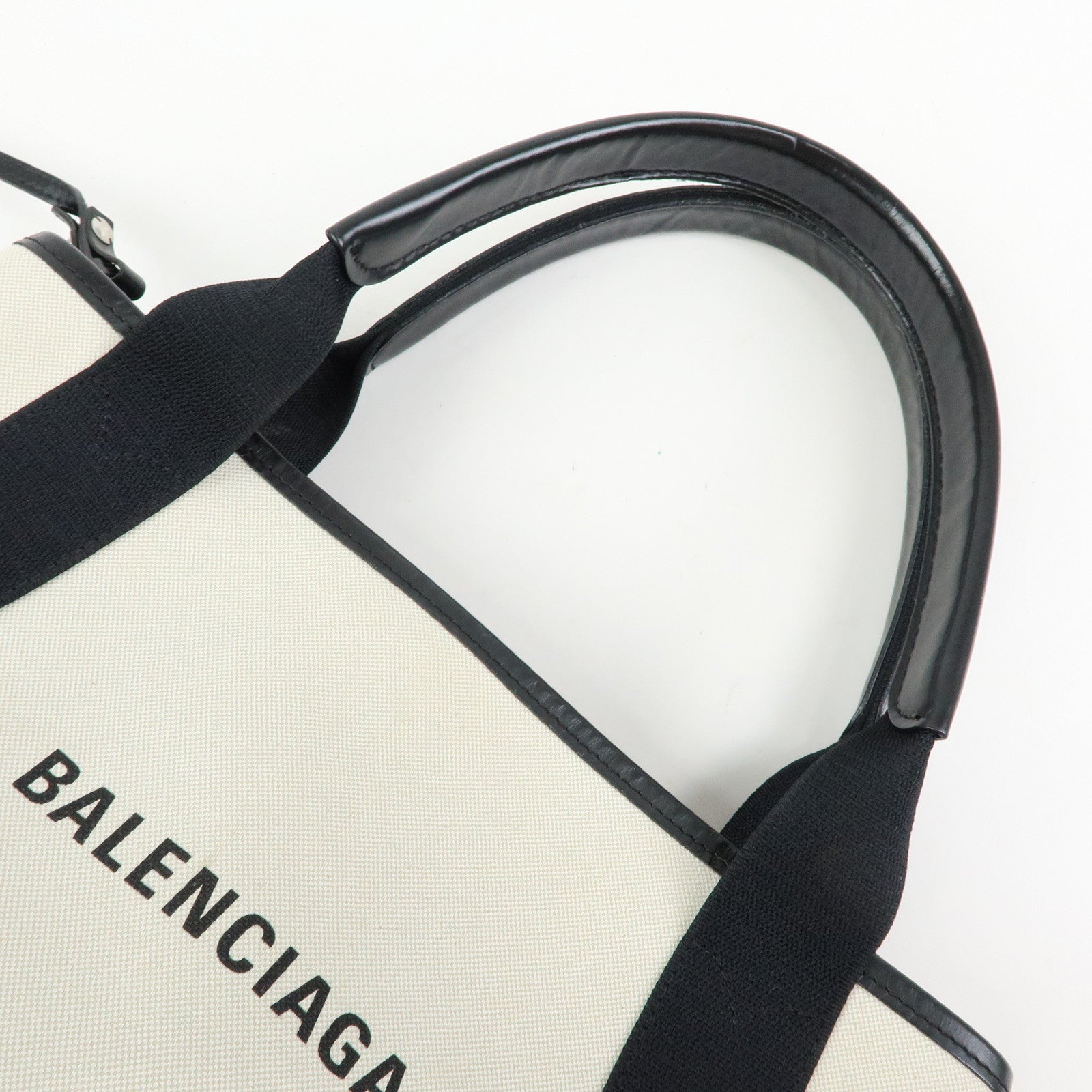 BALENCIAGA Navy Cabas Small Canvas Leather Tote Bag Ivory 339933