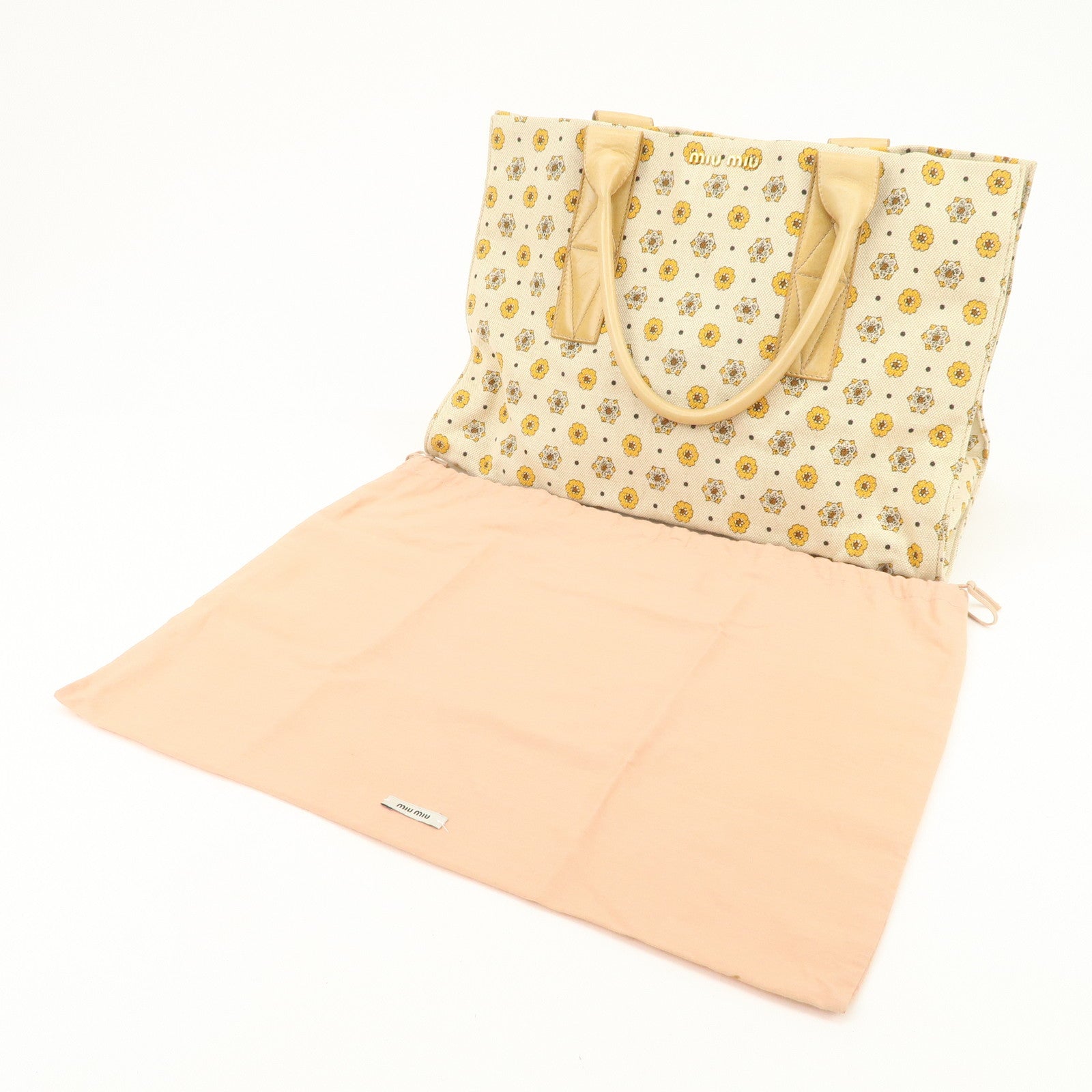 MIU MIU Canvas Leather Tote Bag Hand Bag Flower Motif Beige