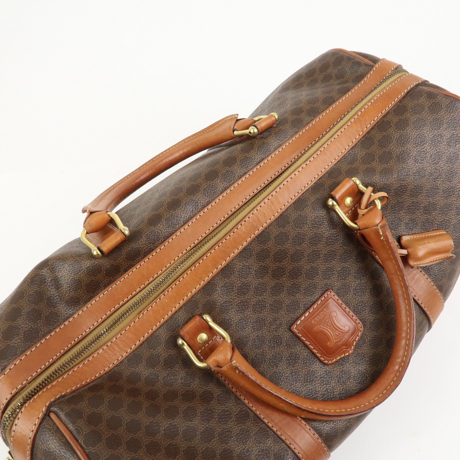 CELINE Macadam PVC Canvas Leather Boston Bag Hand Bag Brown