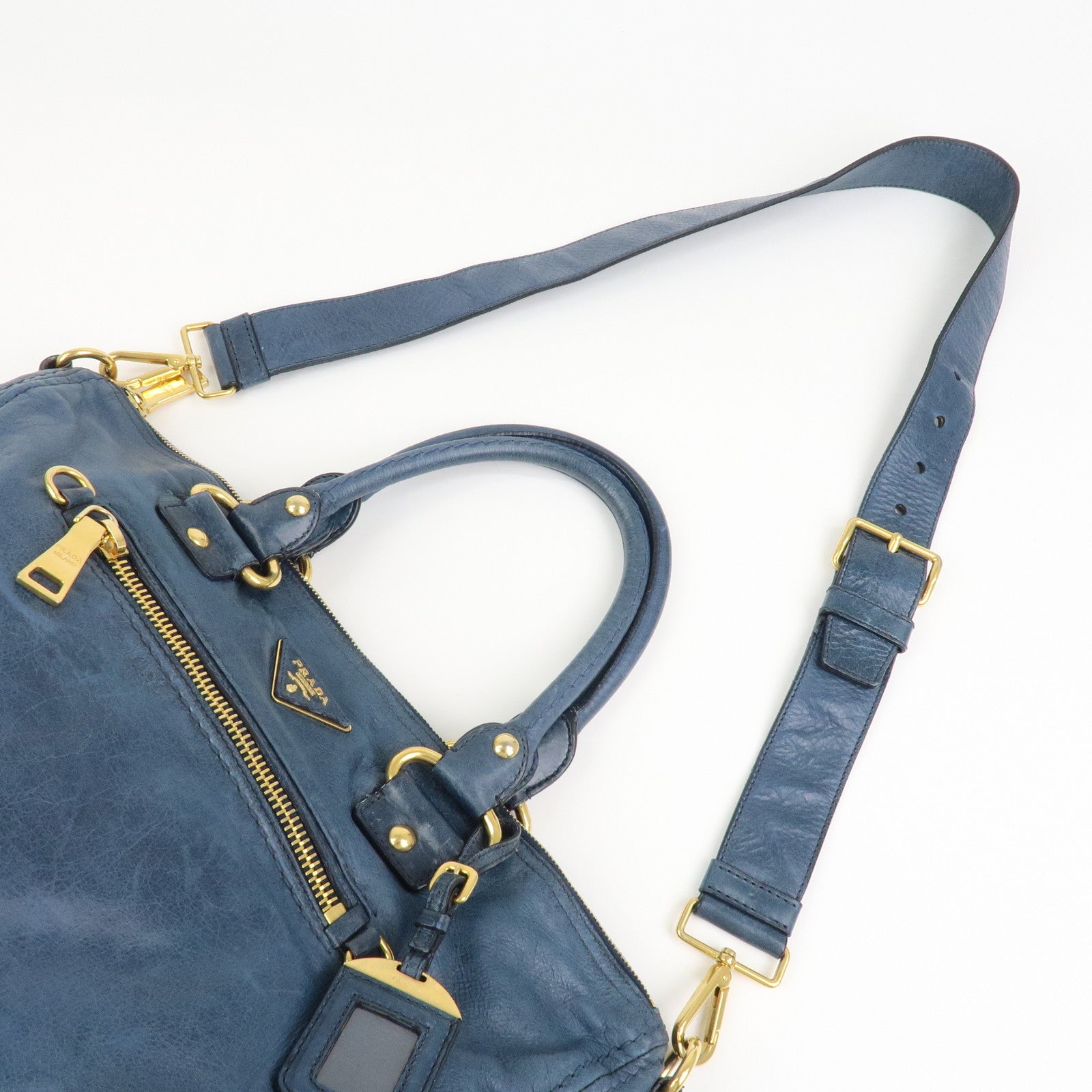 PRADA Logo Leather 2Way Bag Shoulder Bag Hand Bag Blue BL0678