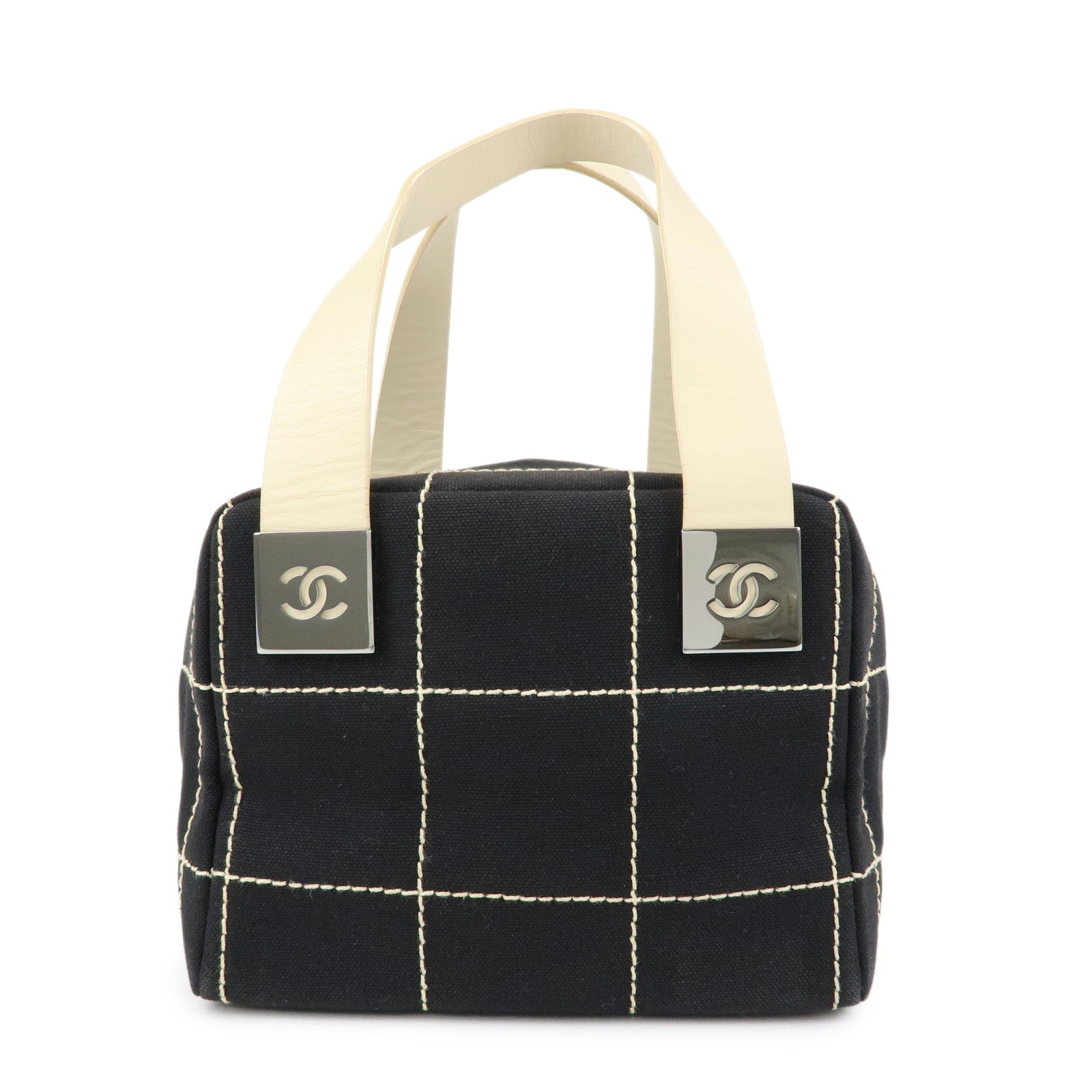 CHANEL Chocolate Bar Canvas Leather Hand Bag Black Ivory