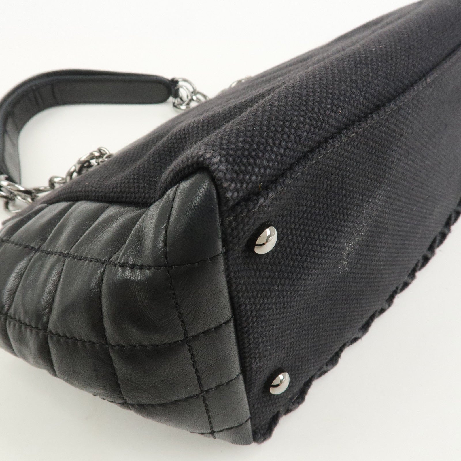 CHANEL Chocolate Bar Lamb Skin Canvas Shoulder Bag Hand Bag Black
