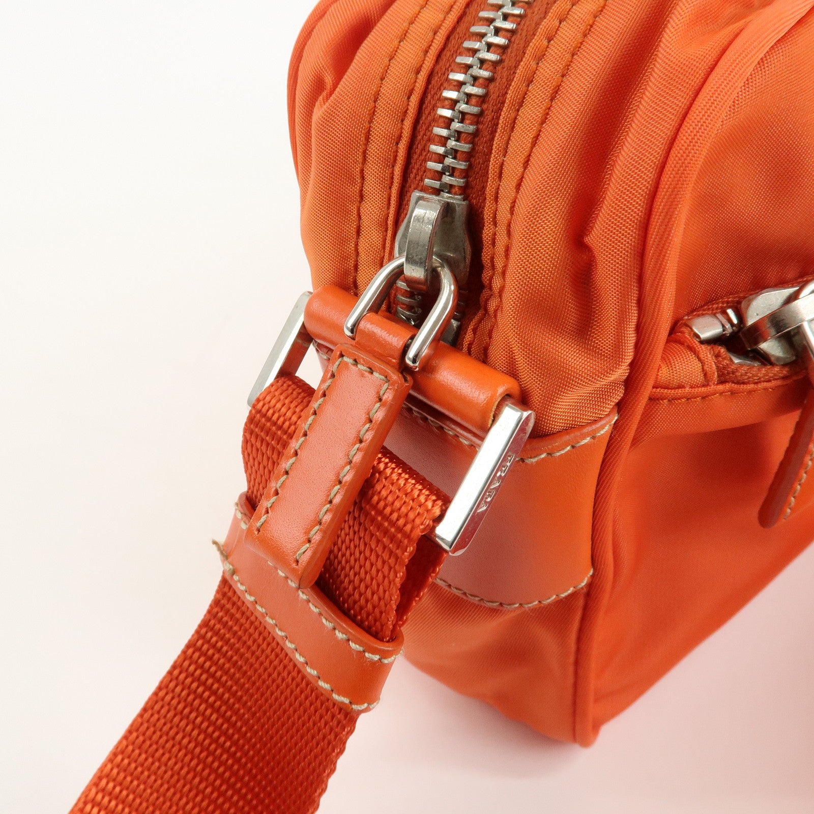 PRADA Triangle Logo Leather Nylon Shoulder Bag Orange Used