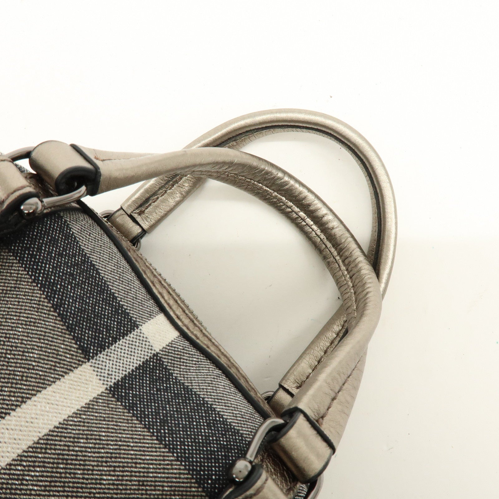 BURBERRY Plaid Canvas Leather Hand Bag Gray Champagne Gold