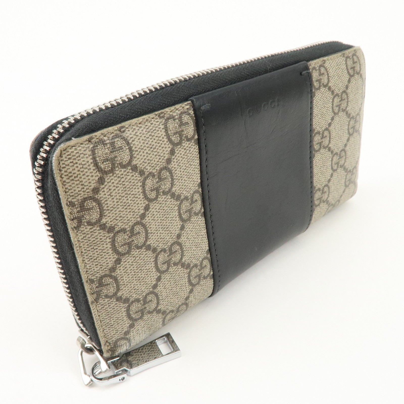 GUCCI GG Supreme Leather Round Zippy Long Wallet Beige Black 451249