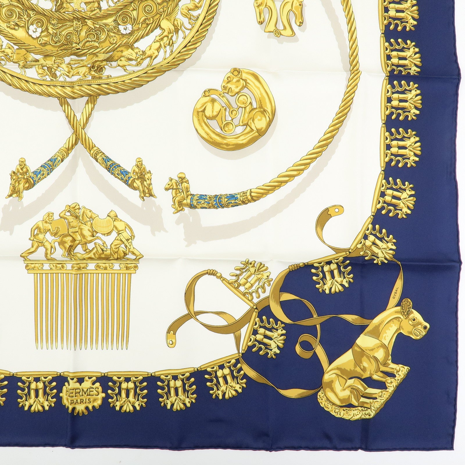 HERMES Carre 90 Silk 100% Scarf LES CAVALIERS D'OR Navy White