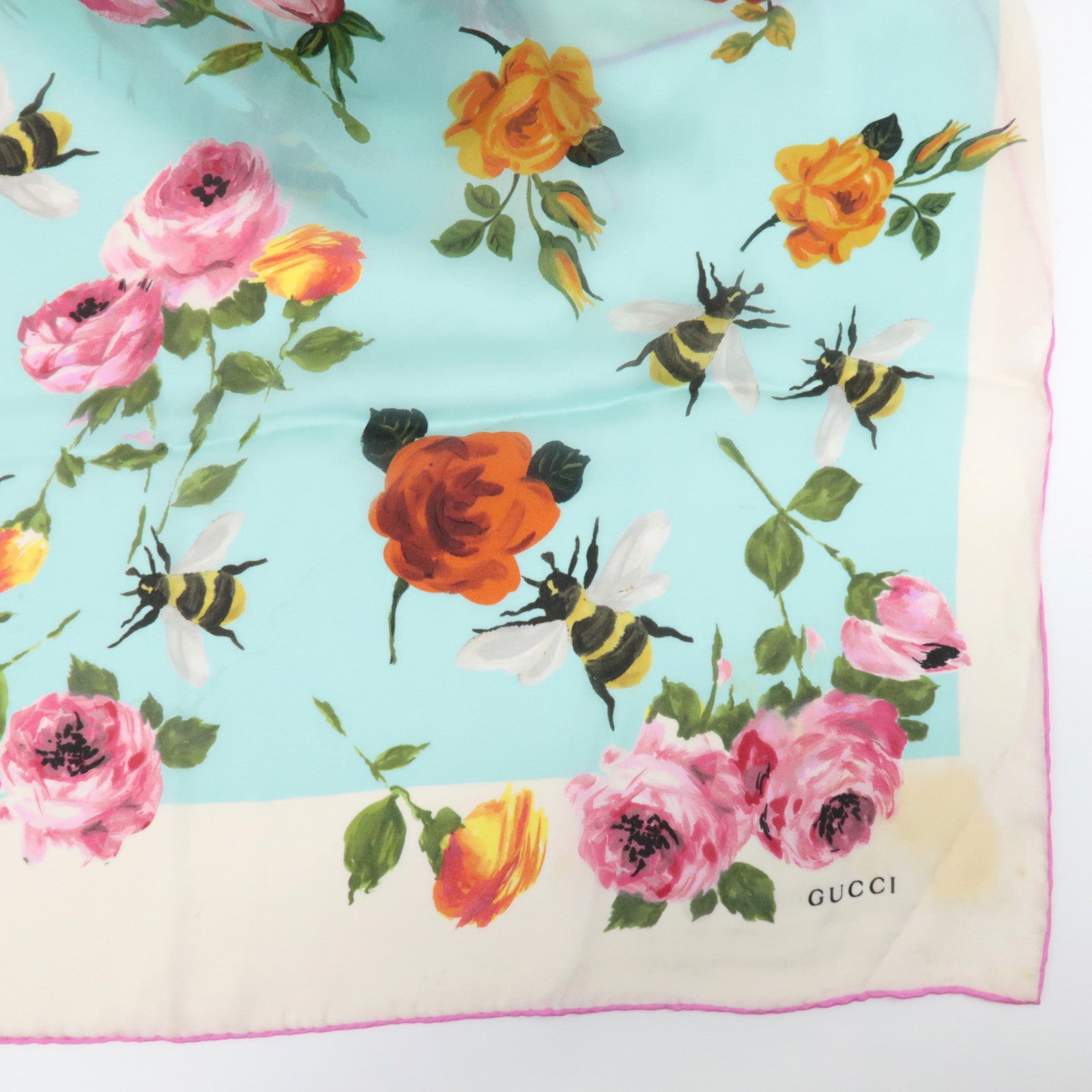 GUCCI Silk 100% 64 ×192 Floral Honey Bee Print Scarf Blue