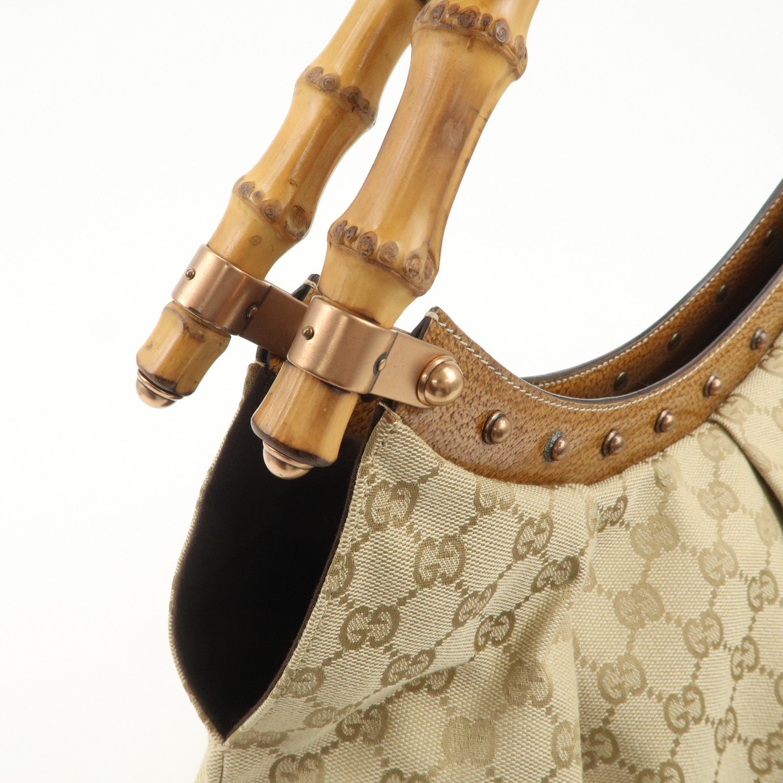 GUCCI Bamboo GG Canvas Shoulder Bag Hand Bag Beige 124293