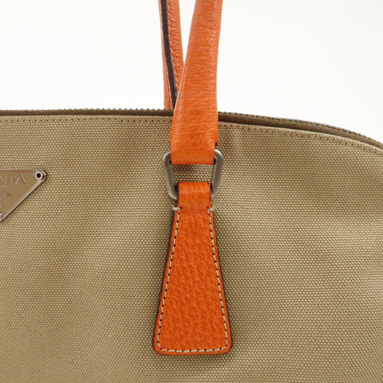 PRADA Triangle Logo Canvas Leather Shoulder Bag Orange Beige Used