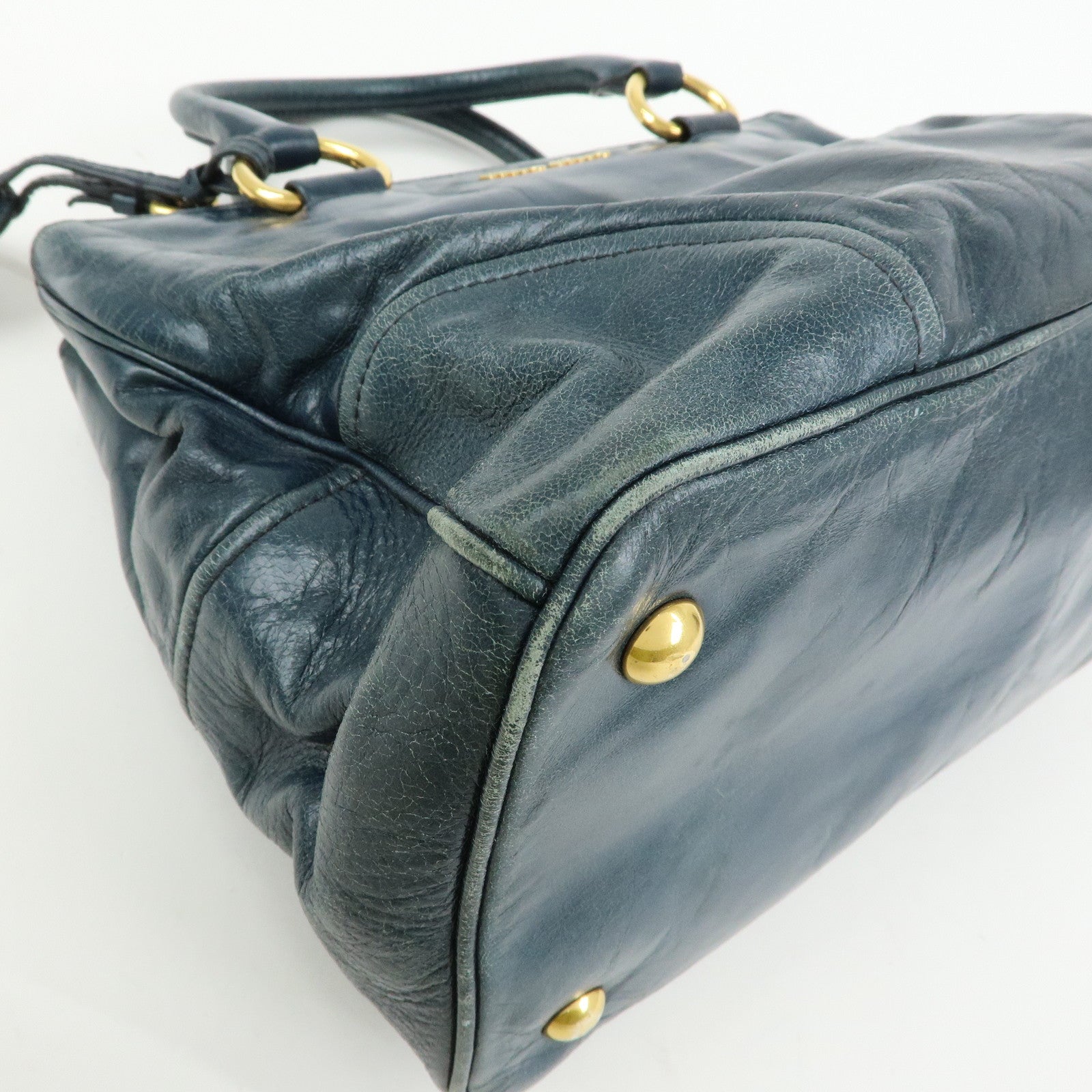 MIU MIU Logo Leather 2Way Bag Hand Bag Shoulder Bag Navy