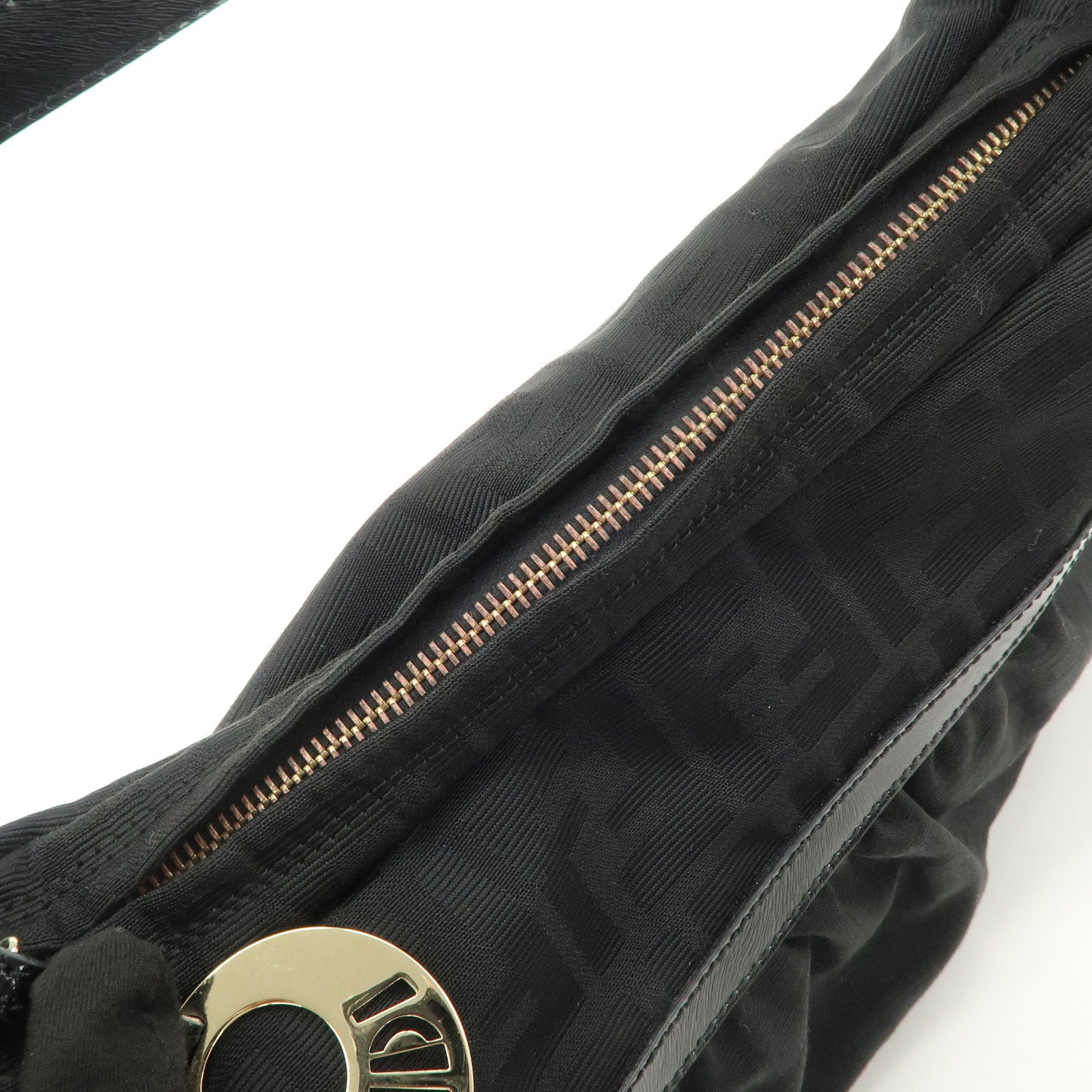 FENDI Zucca Canvas Leather Gathered Shoulder Bag Black 8BR448