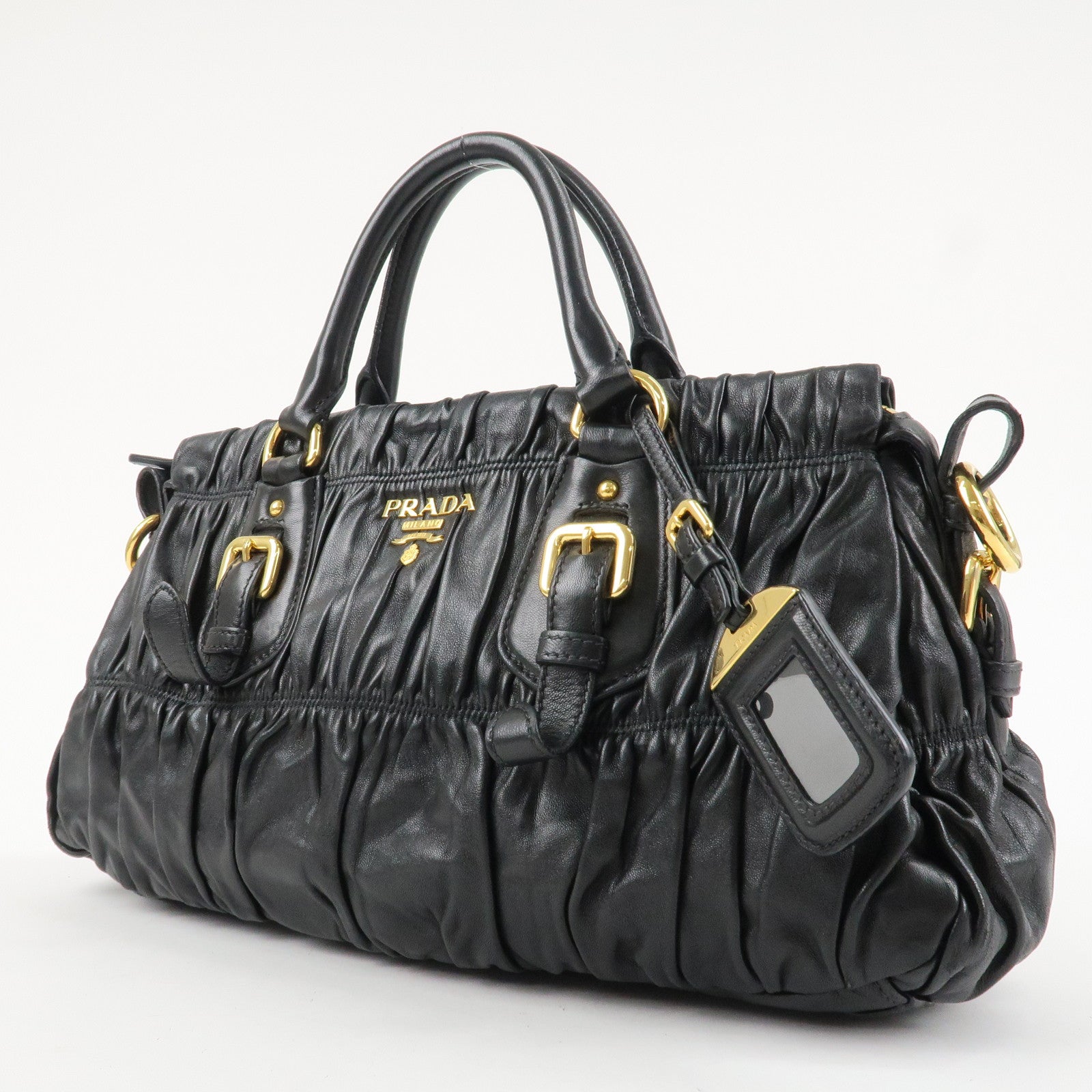 PRADA Logo Leather 2WAY Tote Bag Hand Bag Black Gold HDW B11091 Used