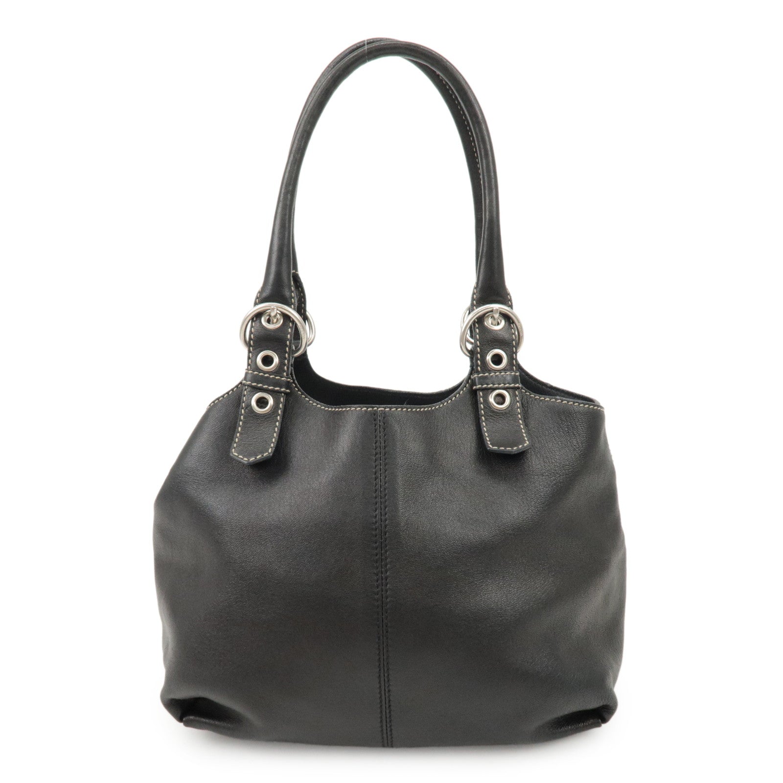 PRADA Triangle Logo Leather Tote Bag Hand Bag Black Used