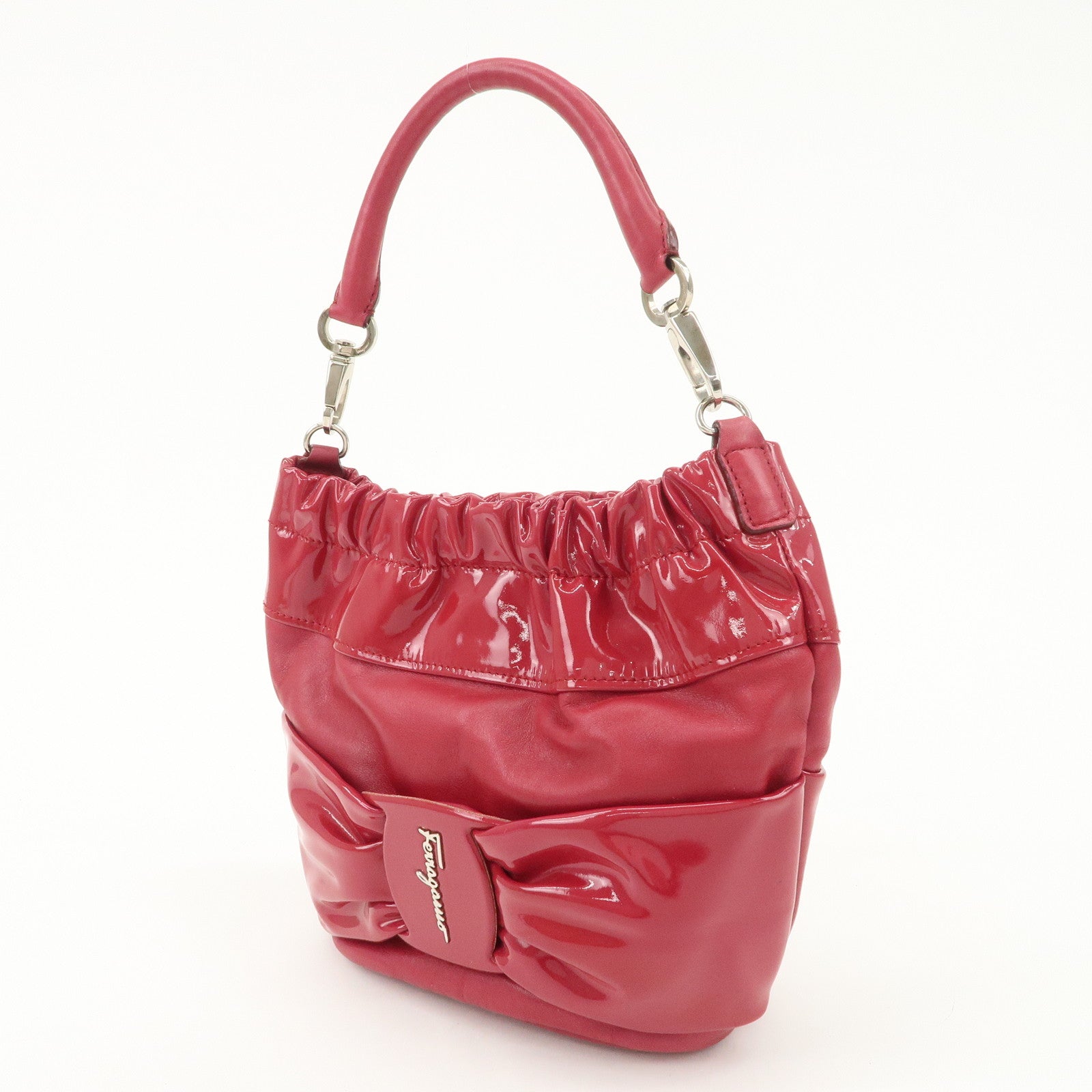 Ferragamo Gancini Varra Ribbon Patent Leather Hand Bag Red
