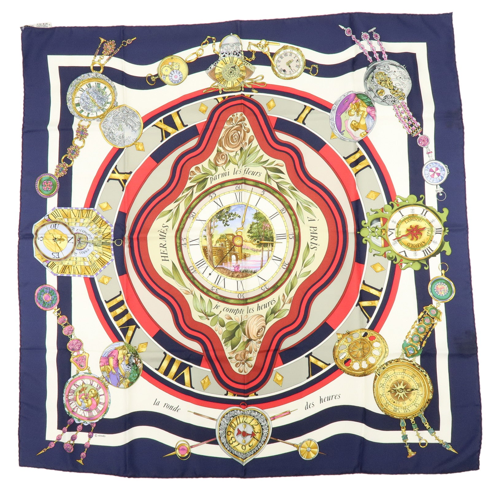 HERMES Carre90 Silk100% Parmi les fleurs je compte les heures Scarf