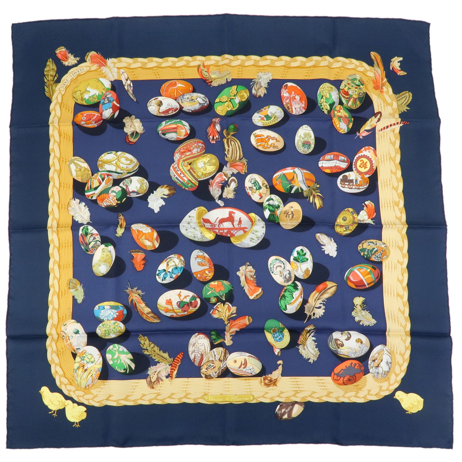 HERMES Carre 90 Silk 100% Scarf COUVEE D HERMES Egg Print Navy Gold