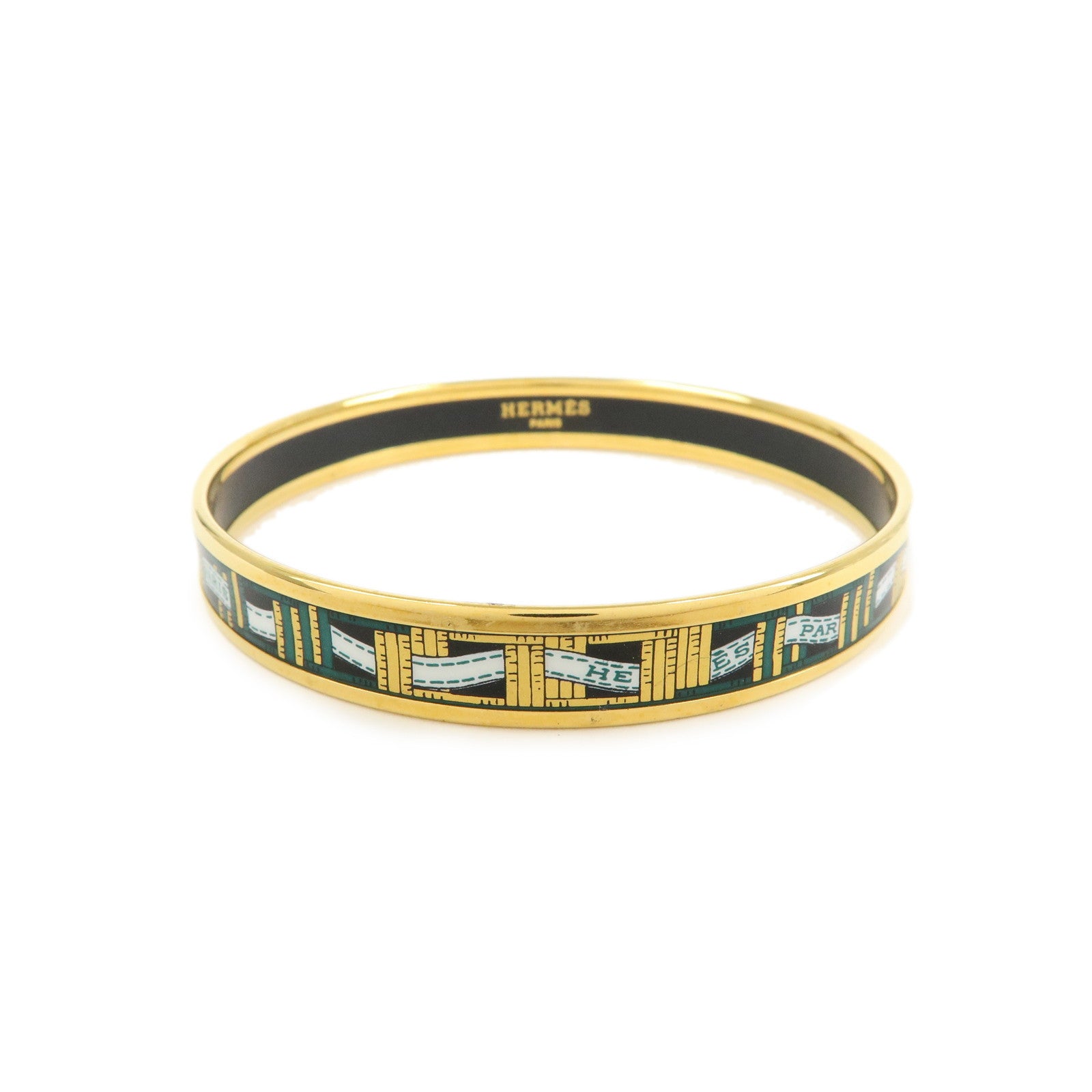 HERMES Email PM Plated Bracelet Bangle Gold Dark Green
