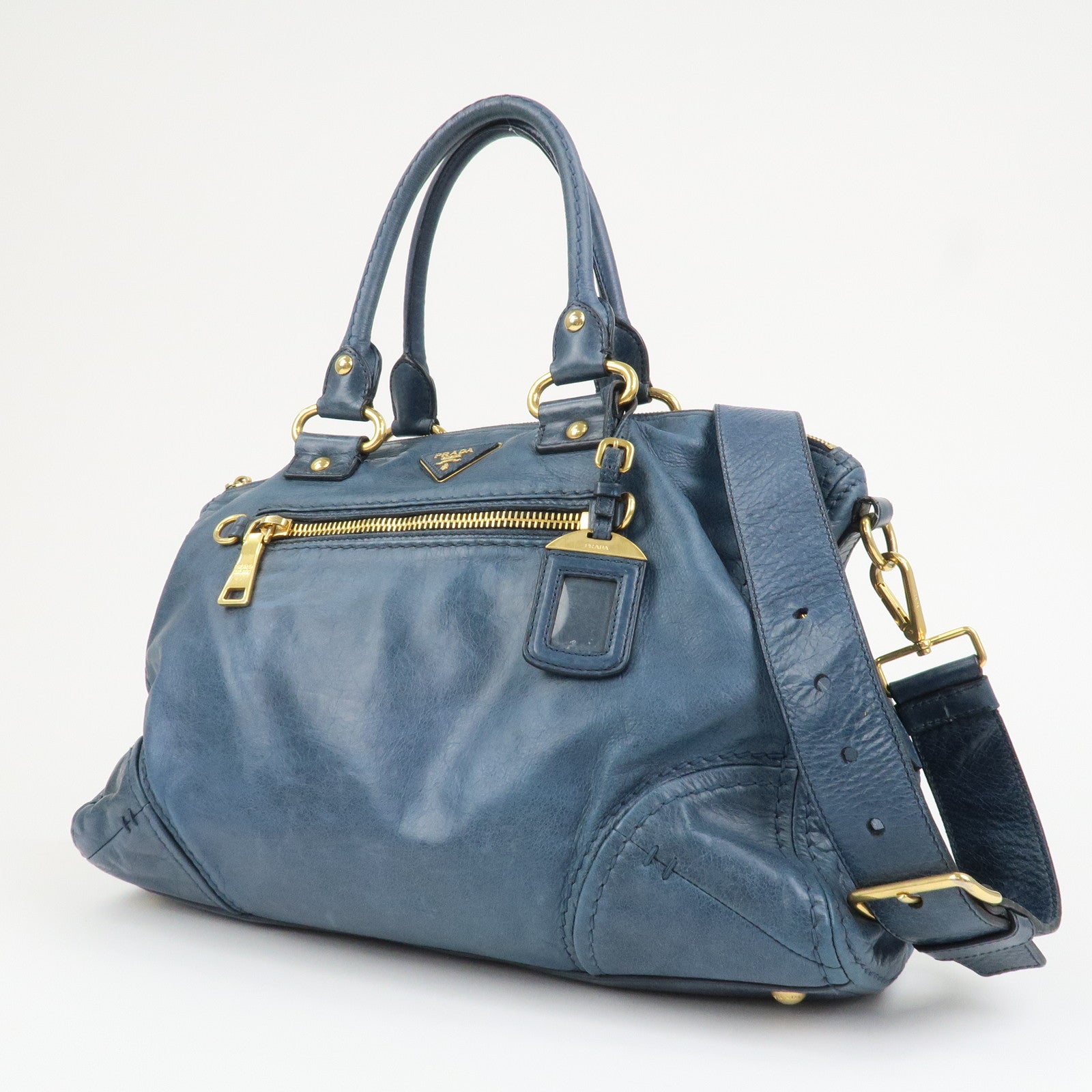 PRADA Logo Leather 2Way Bag Shoulder Bag Hand Bag Blue BL0678