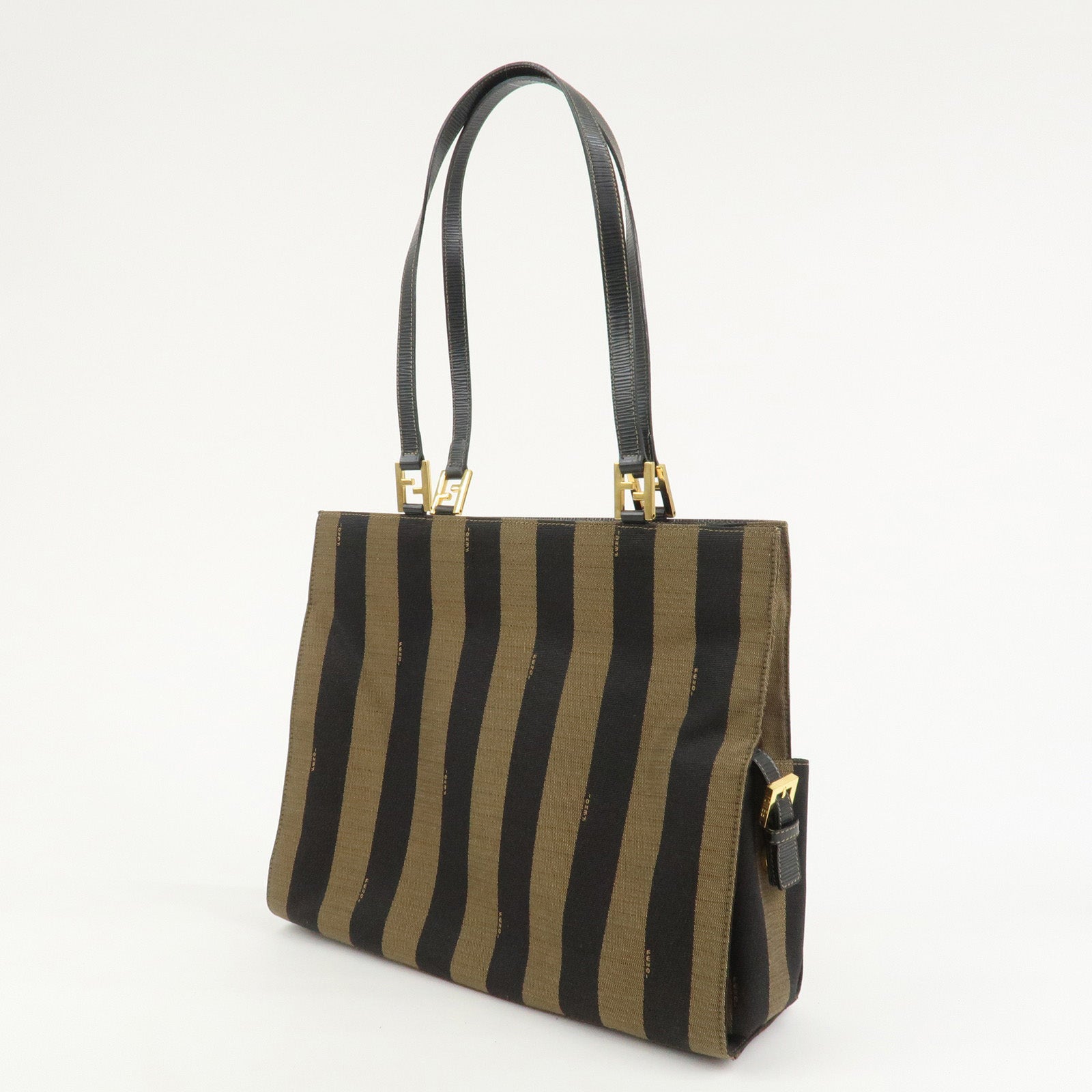 FENDI Pequin Canvas Leather Tote Bag Shoulder Bag Black Brown 26397