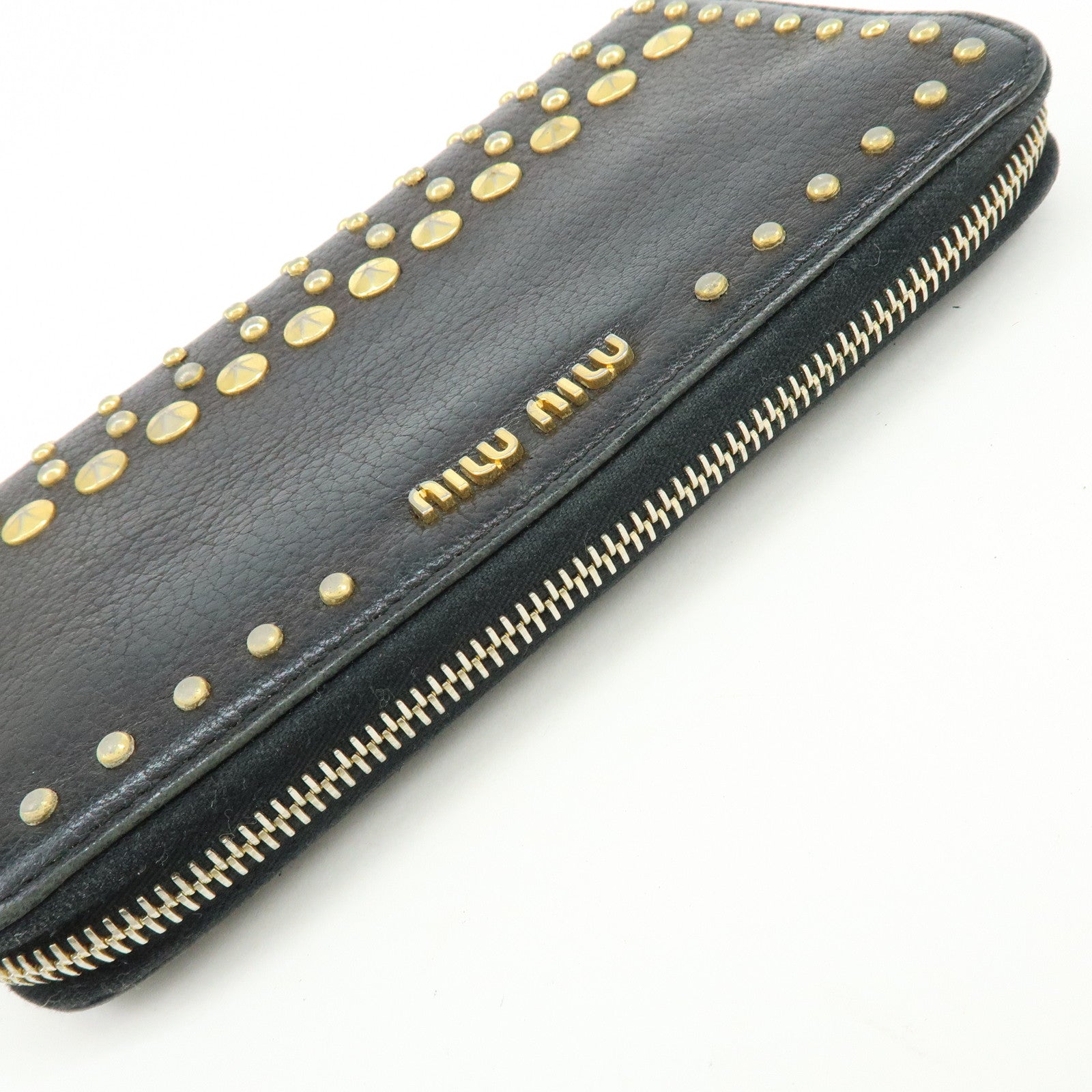 MIU MIU Logo Leather Studs Zippy Long Wallet Black 5M0506