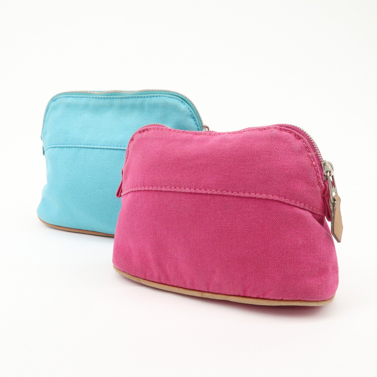 HERMES Set of 2 Leather Canvas Pouch Cosmetic Pouch Pink Blue Used