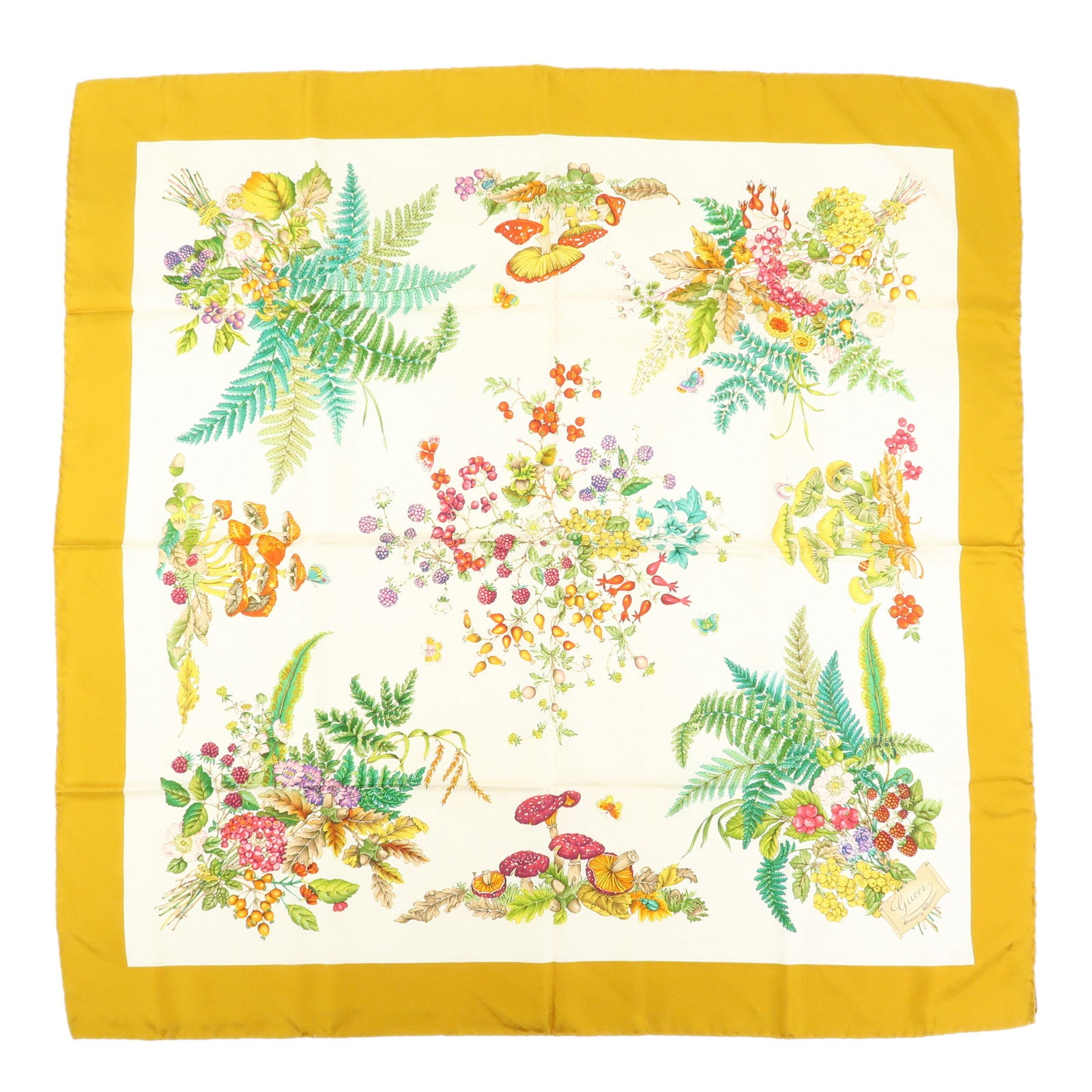 GUCCI Silk 100% Scarf Botanical Garden Mastard Yellow White