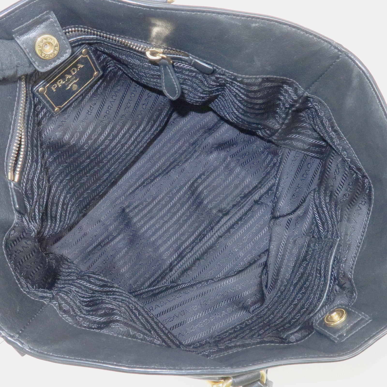 PRADA Logo Calf Leather 2Way Tote Bag Hand Bag Black Gold HDW BN1902 Used