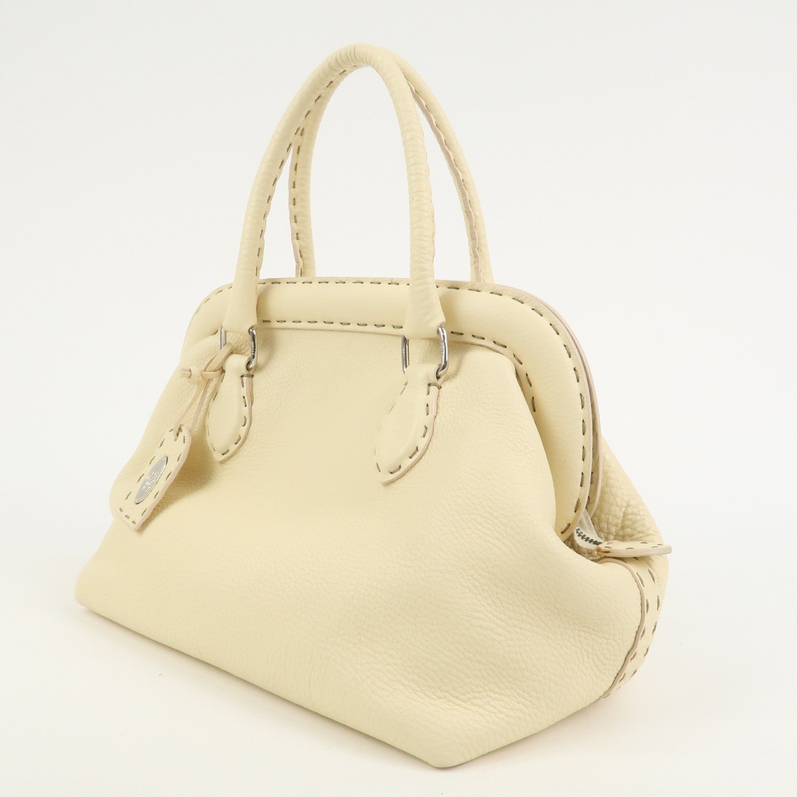 FENDI Selleria Leather Boston Bag Hand Bag Cream 8BN127