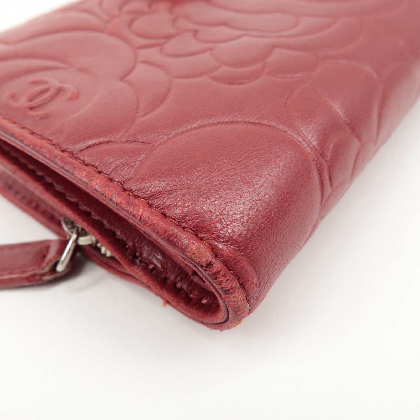 CHANEL COCO Mark Camelia Leather Bi-fold Wallet Red A50087 Used