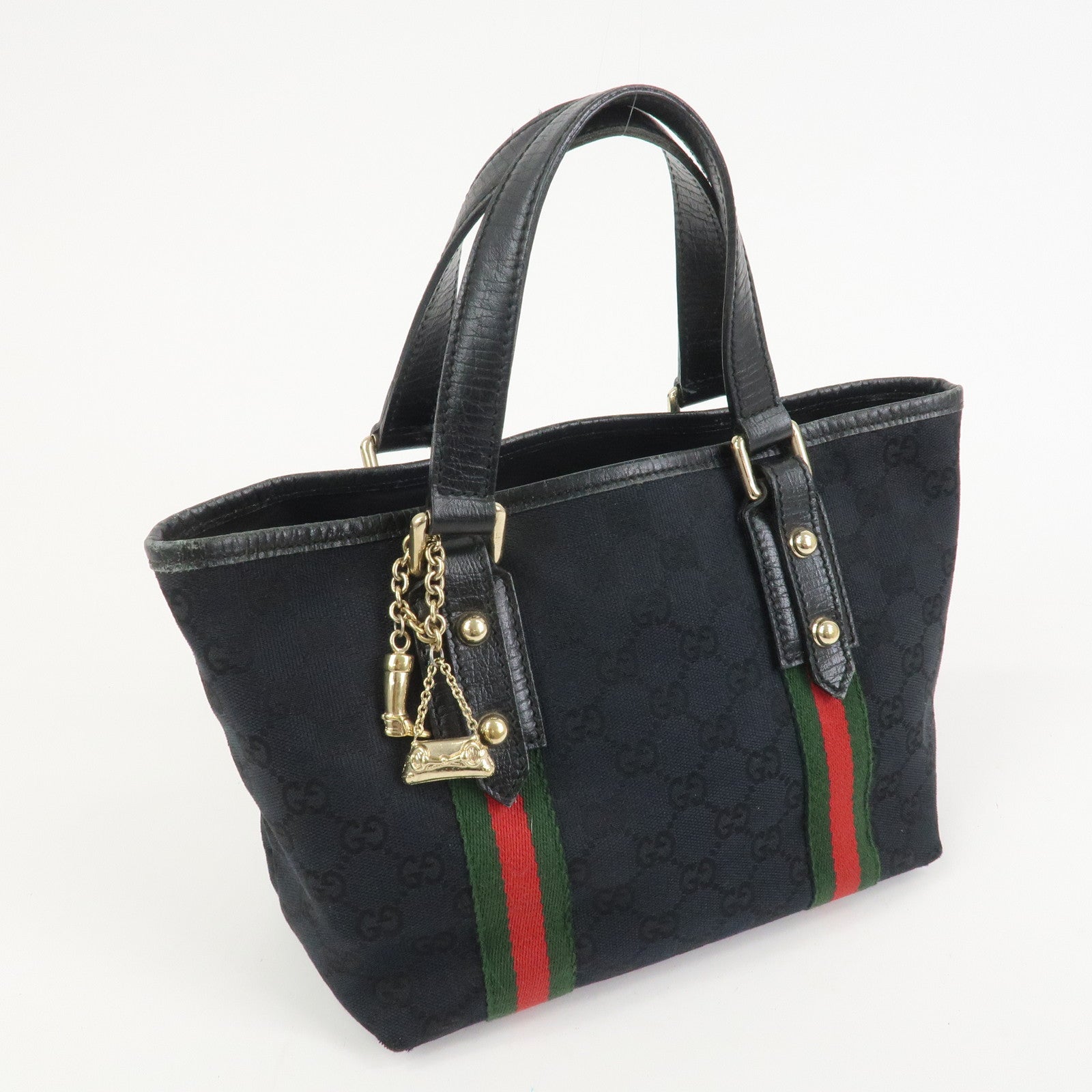 GUCCI Sherry GG Canvas Leathe Tote Bag Hand Bag Black