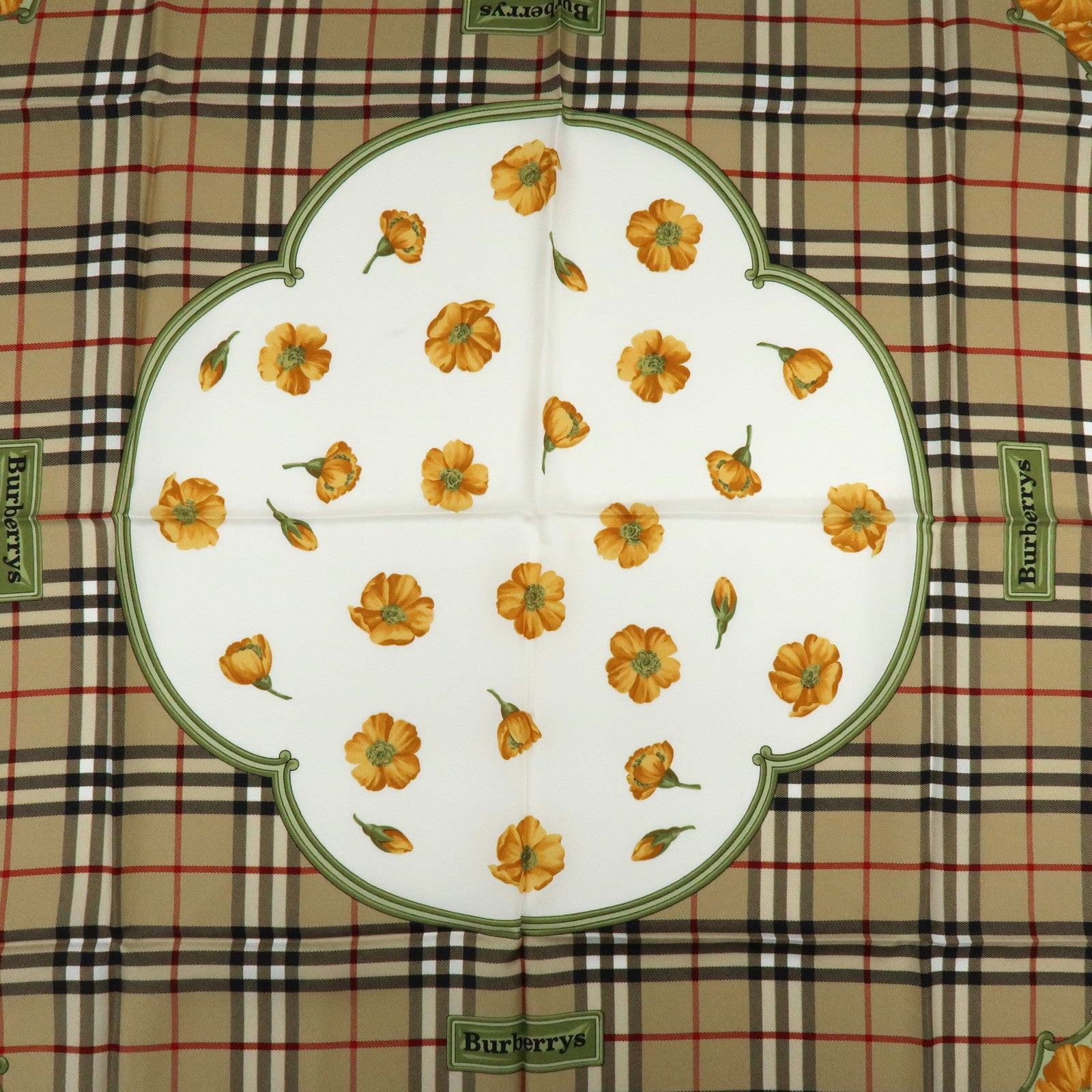 BURBERRY Nova Plaid Flower Motif Silk 100% Scarf Beige White Orange