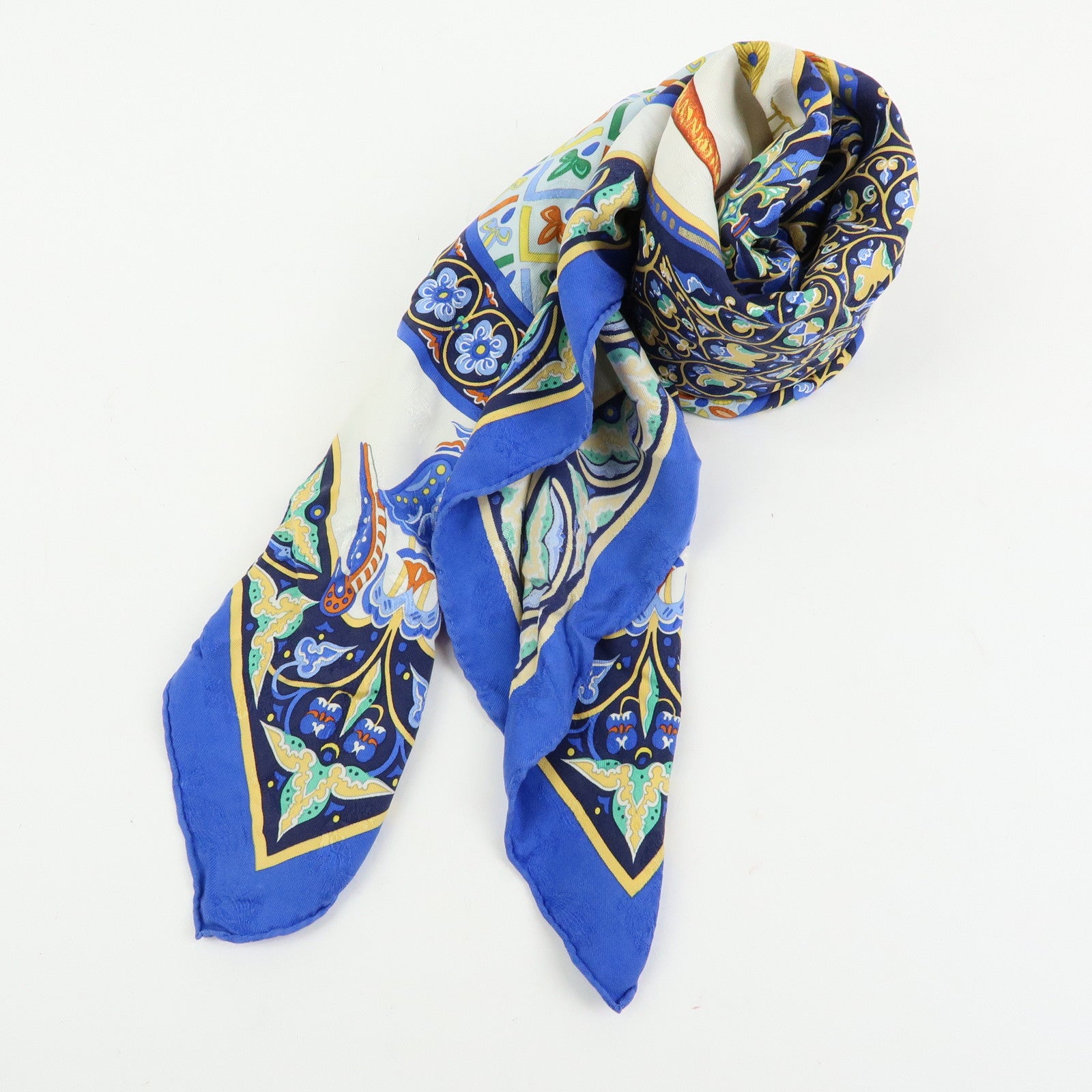 HERMES Carre 90 Silk 100% CIELS BYZANTINS Scarf Blue Gold