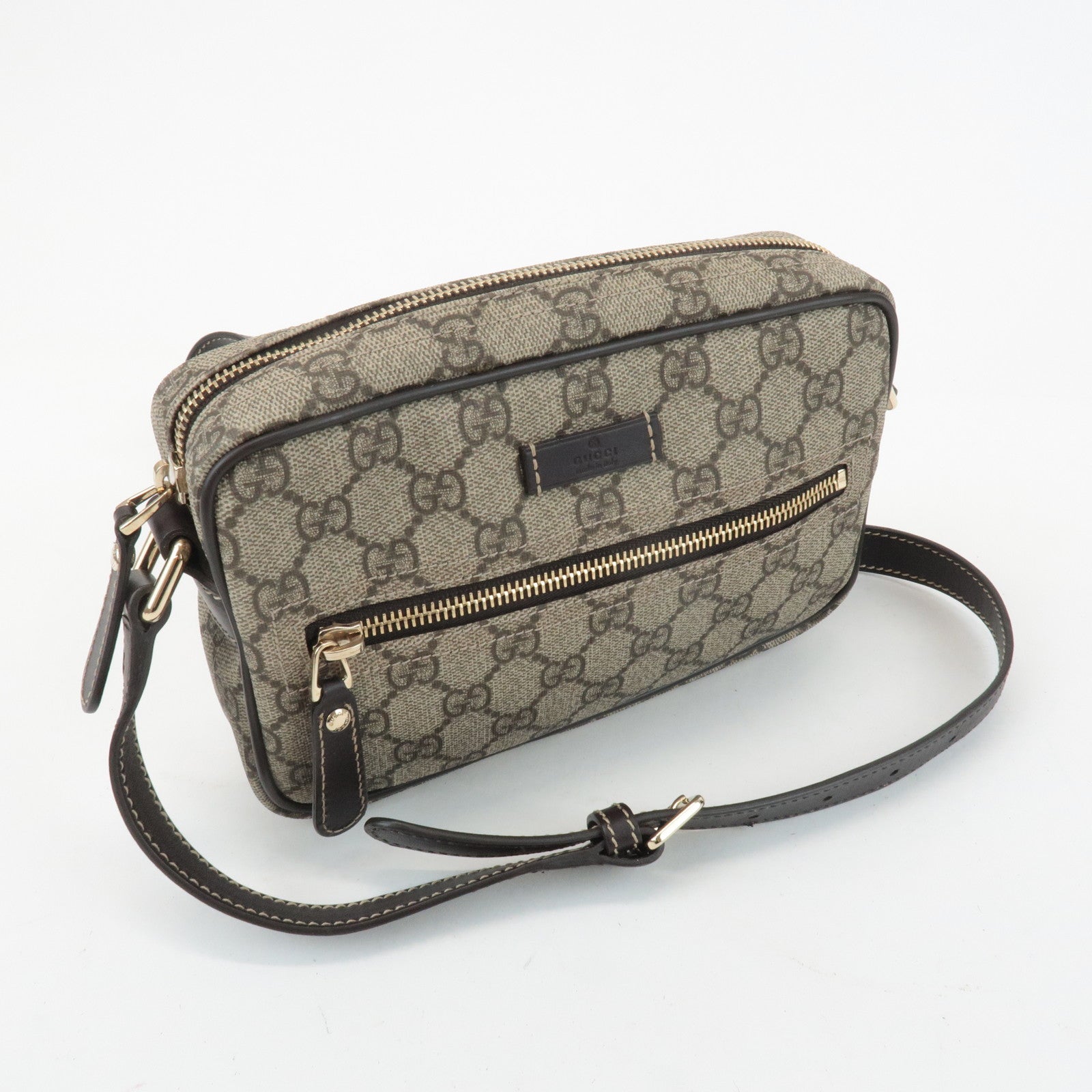 GUCCI GG Supreme Leather Shoulder Bag Beige Dark Brown 201447 Used